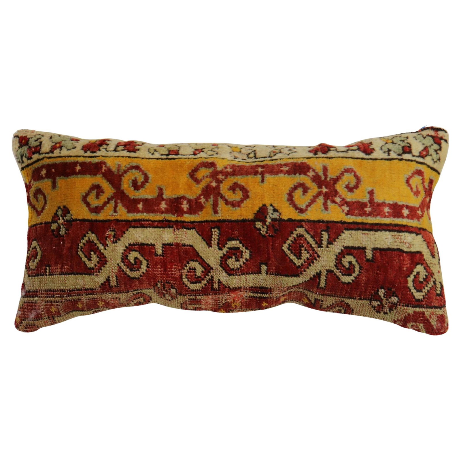 Vibrant 12 x 24 Turkish Ghiordes Rug Bolster Pillow Hollywood Regency: Vibrant 12 x 24 Turkish Ghiordes Rug Bolster Pillow Hollywood Regency This vibrant bolster pillow is crafted from a genuine early 20th-century Turkish Ghiordes rug, showcasing the distinctive patterns