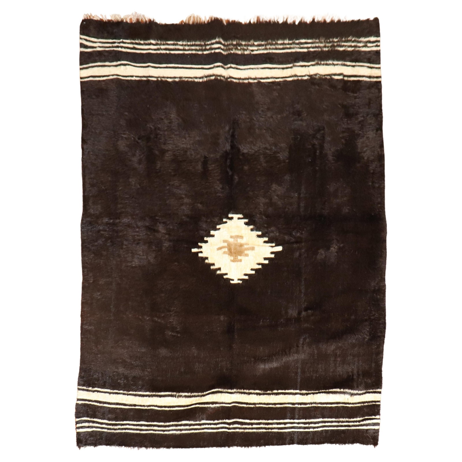 Vintage Hand-Woven Mohair Rug Black Ivory Modern 60 x 79 in Turkey: Vintage Hand-Woven Mohair Rug Black Ivory Modern 60 x 79 in Turkey This exquisite vintage Angora mohair rug features a sophisticated black and ivory design, showcasing a modern style that enhances any