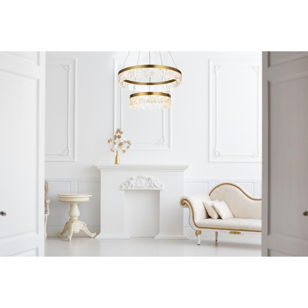 Linden 22 Inch LED Satin Gold Modern Adjustable Chandelier for Dining or Living Room: Linden 22 Inch LED Satin Gold Modern Adjustable Chandelier for Dining or Living Room This modern chandelier features a satin gold finish and is crafted from durable iron, aluminum, and acrylic. Design