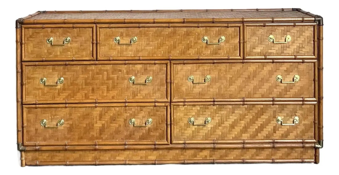 Parquet Woven Rattan Low Dresser With Faux Bamboo Accents And Brass Hardware: Parquet Woven Rattan Low Dresser With Faux Bamboo Accents And Brass Hardware This vintage dresser by Dixie Furniture features a striking combination of faux bamboo and woven rattan in a parquet style,