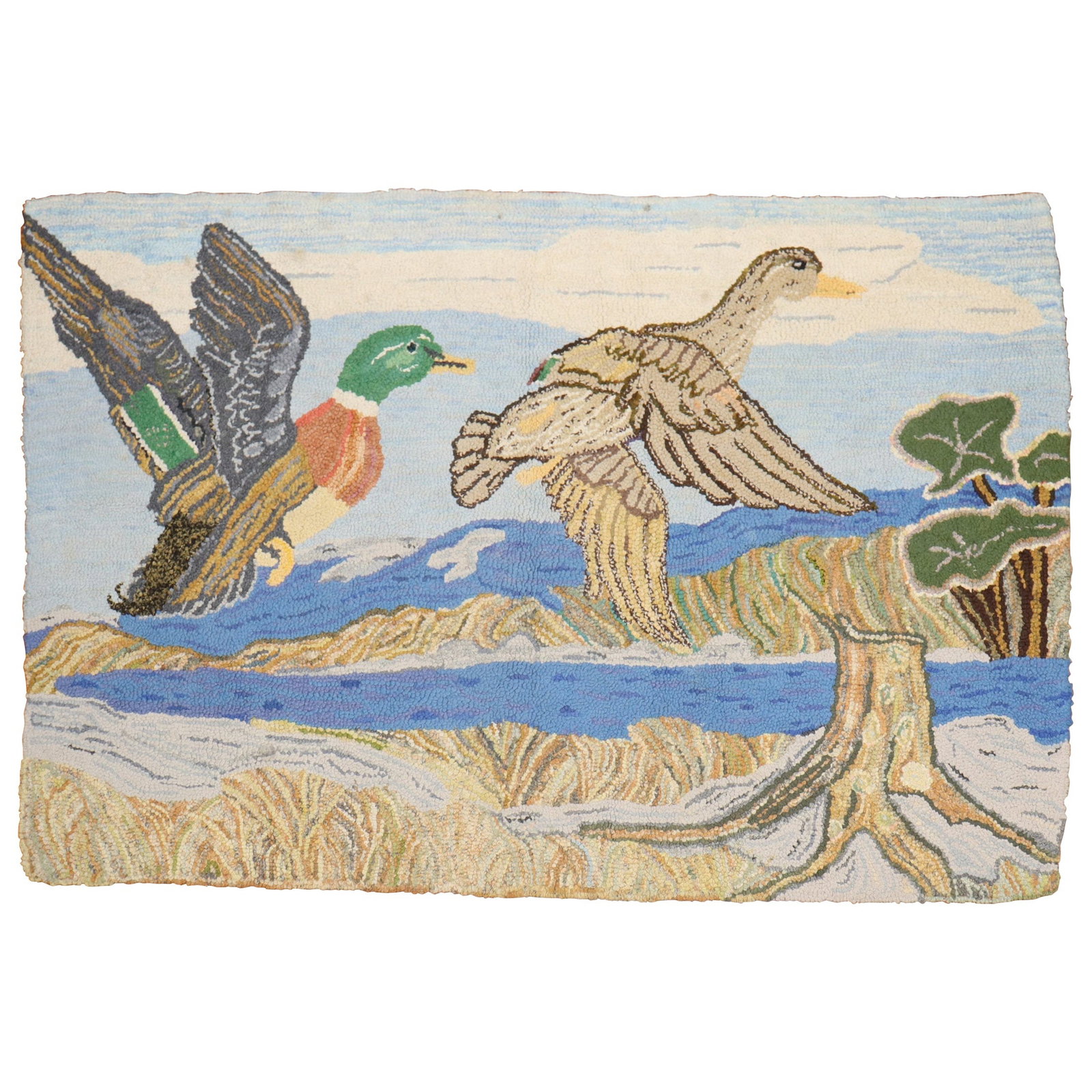 Vintage Hand-Knotted Scenic Duck Rug 24 x 37 Country Decor: Vintage Hand-Knotted Scenic Duck Rug 24 x 37 Country Decor This charming mid-20th century American hooked pictorial rug features a delightful scene of two ducks in a vibrant landscape. Measuring 24 in