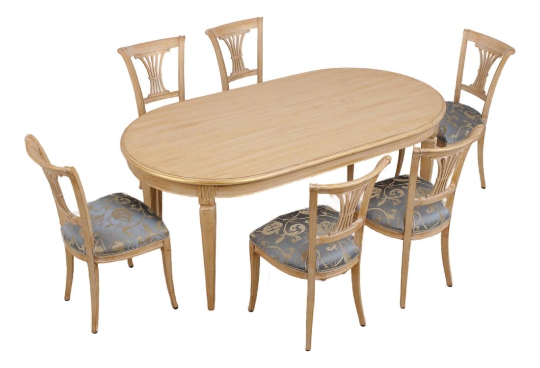 Italian Neoclassical Wood Dining Table With Upholstered Chairs (1 of 10)