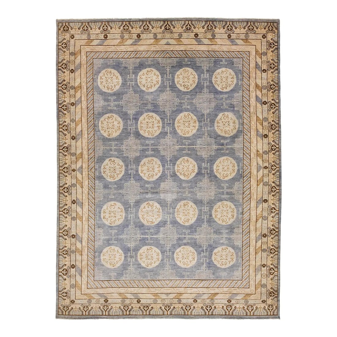 Modern Khotan Wool Medallion Rug 14'3 x 19: Modern Khotan Wool Medallion Rug 14'3 x 19 This hand-knotted modern Khotan rug is crafted from premium wool and showcases a harmonious blend of Silk Road-inspired motifs with contemporary style. The