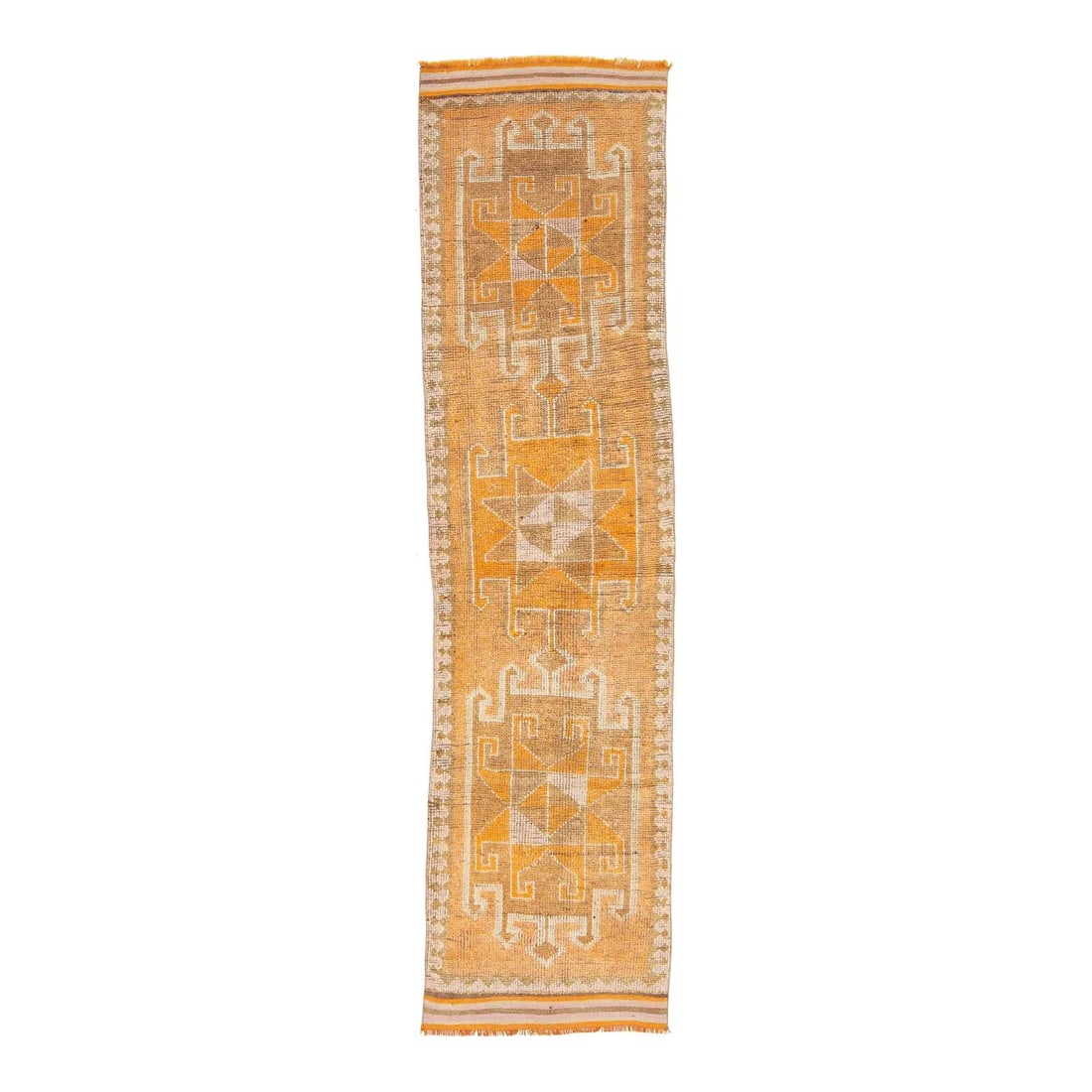 Turkish Wool Runner Rug with Star Design in Ivory 2'10 x 11'4 Handmade Vintage: Turkish Wool Runner Rug with Star Design in Ivory 2'10 x 11'4 Handmade Vintage This handmade vintage Turkish wool runner features star motifs in earthy tones, inspired by mid-century Anatolian design.