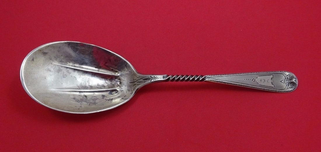 J. E. Caldwell Sterling Silver Serving Spoon 9 5/8" Monogrammed: J. E. Caldwell Sterling Silver Serving Spoon 9 5/8" Monogrammed This exquisite serving spoon by J. E. Caldwell is crafted from high-quality sterling silver. Measuring 9 5/8" in length, it features a u