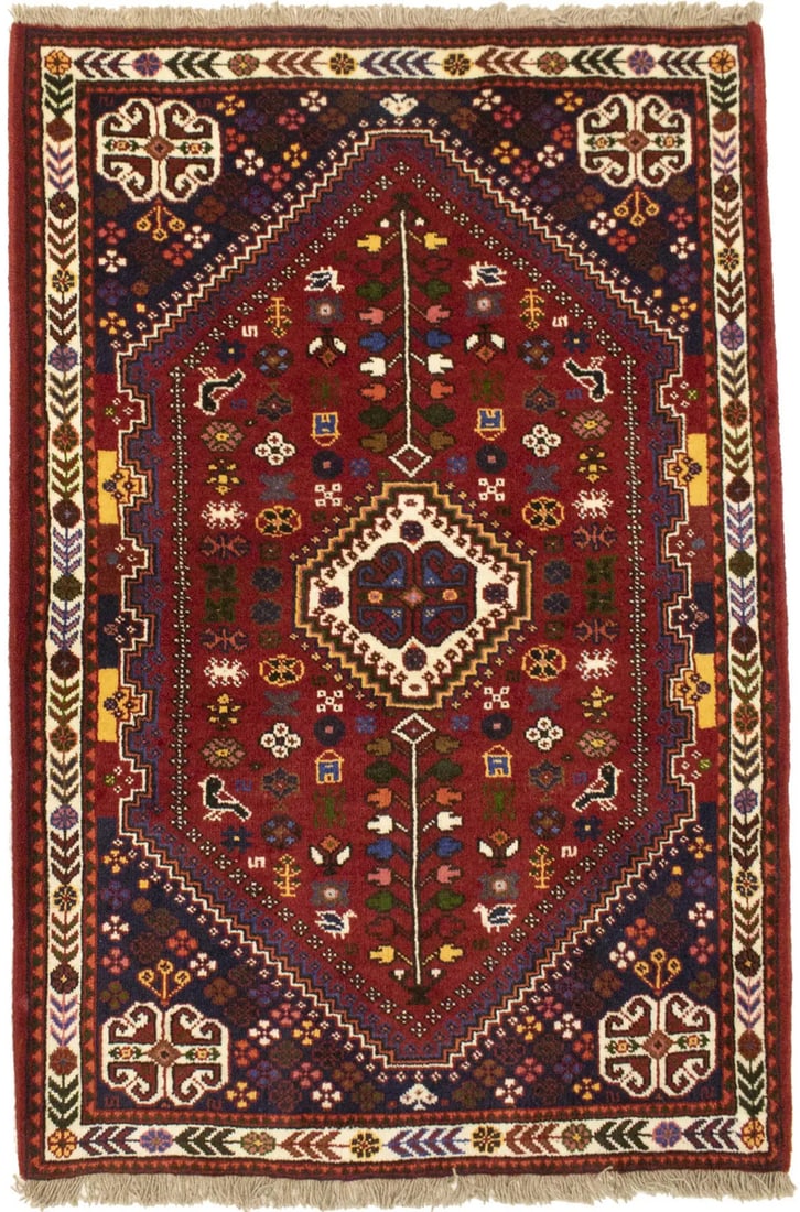 Hand-Knotted Wool Tribal Design 3'5 x 5' Red Area Rug: Hand-Knotted Wool Tribal Design 3'5 x 5' Red Area Rug Enhance your space with this vintage hand-knotted wool Oriental rug featuring a striking tribal design. Measuring 3'5" x 5'0", this small red carp