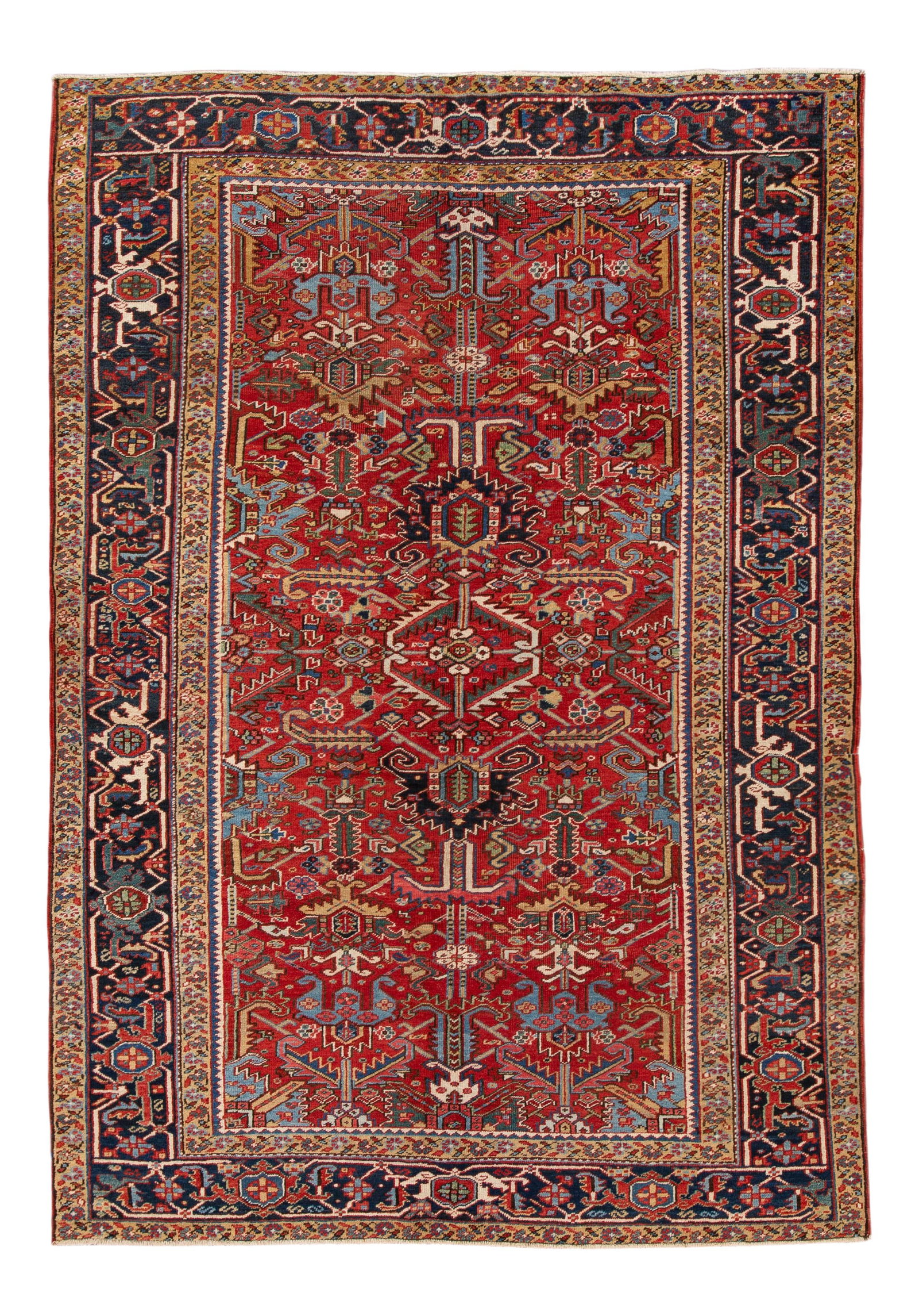 Antique Heriz Floral Red Wool Rug 7' x 10' Circa 1920: Antique Heriz Floral Red Wool Rug 7' x 10' Circa 1920 This exquisite Antique Heriz Handmade Floral Rug features a stunning hand-knotted design, showcasing a vibrant red field complemented by a black b
