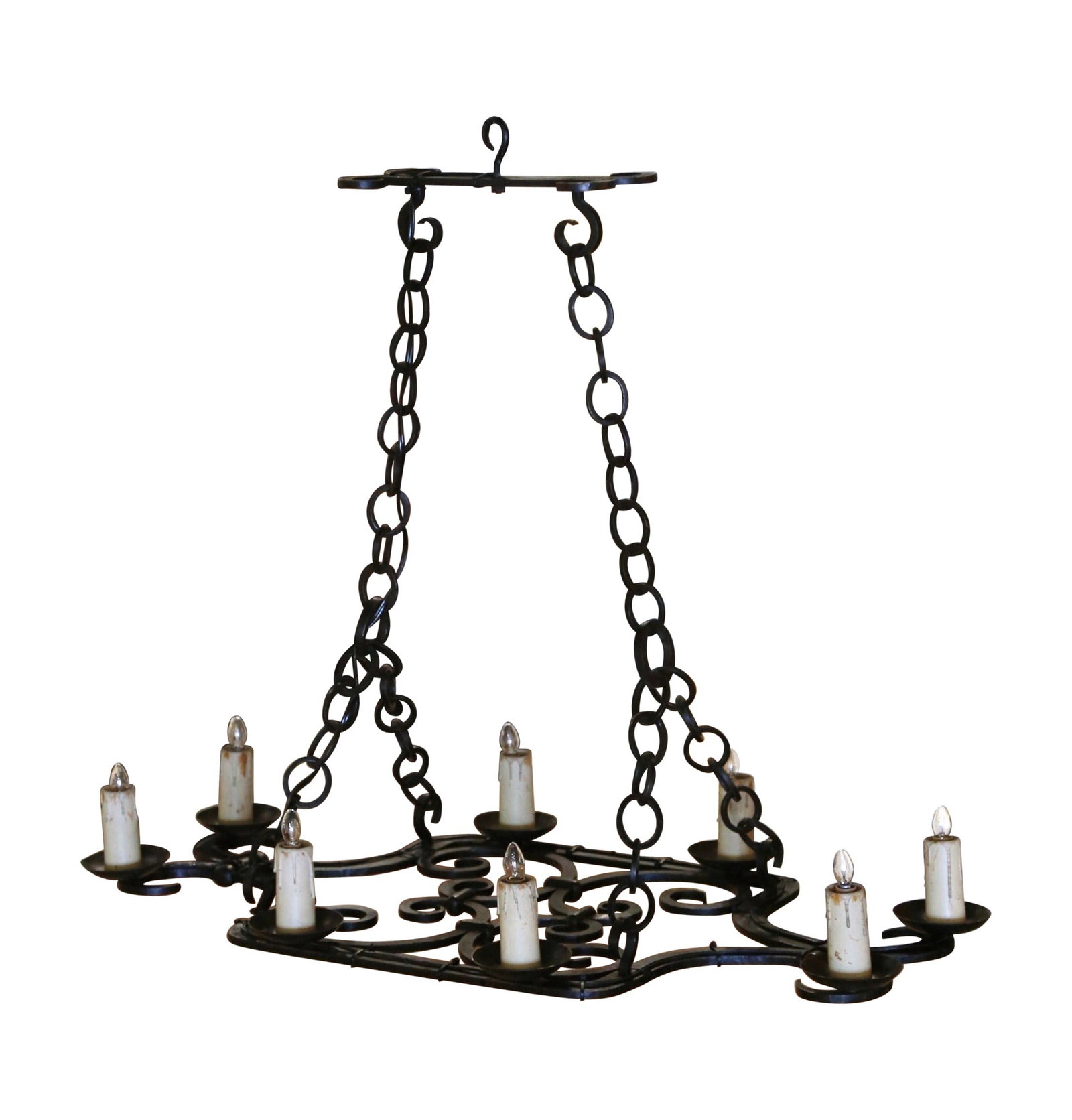 Elegant Louis XV Style 8-Light French Wrought Iron Chandelier: Elegant Louis XV Style 8-Light French Wrought Iron Chandelier Illuminate your space with this exquisite Early 20th Century French Wrought Iron 8-Light Flat Bottom Island Chandelier. Crafted in France 