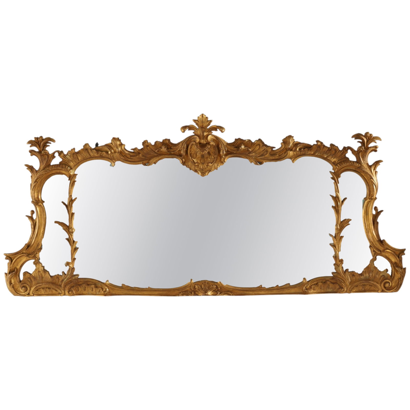French Louis XIV Revival Giltwood Triptych Mantle Mirror 58 inch: French Louis XIV Revival Giltwood Triptych Mantle Mirror 58 inch This antique French triptych mantle mirror, crafted circa 1890, exemplifies the opulent Louis XIV Revival style. The mirror is expertly