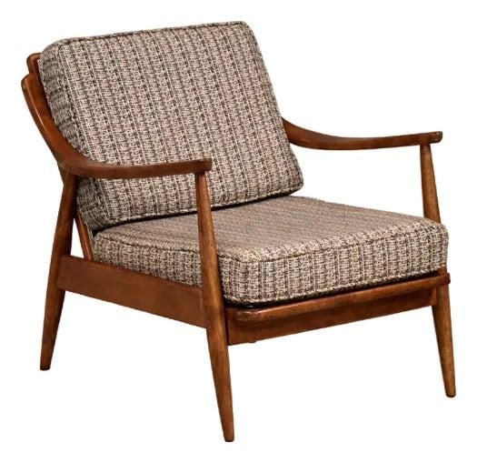 Mid Century Danish Walnut Lounge Chair: Mid Century Danish Walnut Lounge Chair This mid-century modern lounge chair from the 1950s features a brown finish and a beech wood frame refinished in a walnut color. Crafted in Denmark, the chair sh