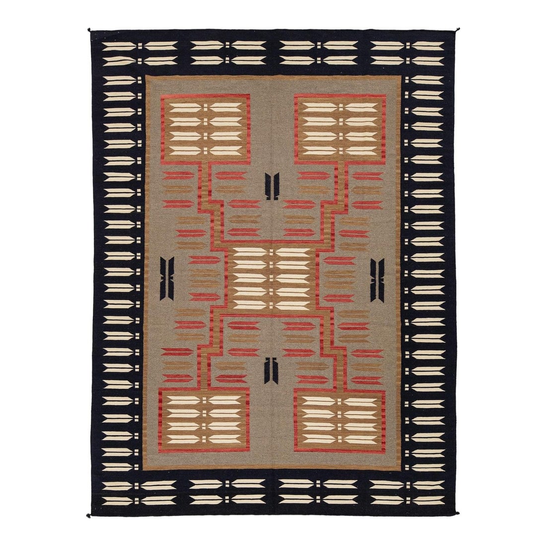 9x12 Wool Rug with Modern Navajo-Inspired Arrow and Geometric Design: 9x12 Wool Rug with Modern Navajo-Inspired Arrow and Geometric Design This hand-knotted wool rug artfully combines traditional Dine (Navajo) design elements with a modern flair. It features a sophistic