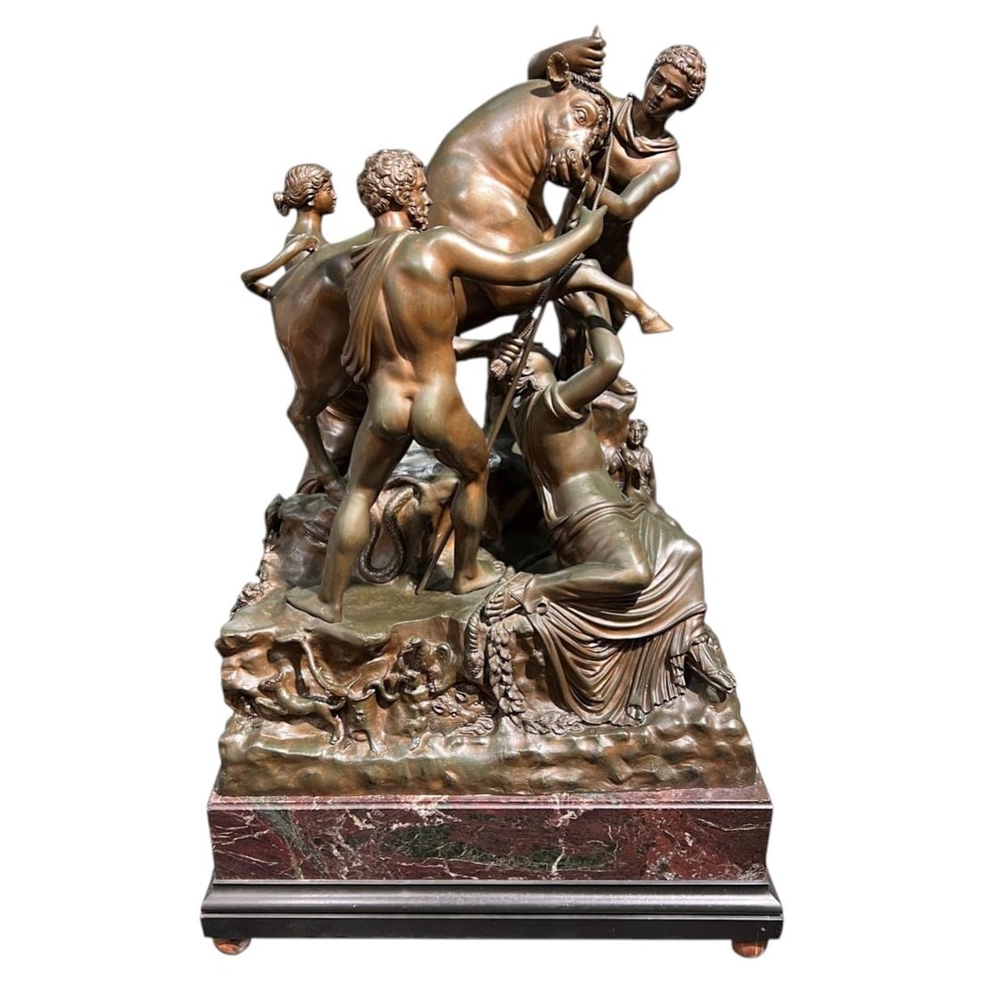 Nelli Foundry Italian Grand Tour Bronze Farnese Bull Sculpture on Marble Base: Nelli Foundry Italian Grand Tour Bronze Farnese Bull Sculpture on Marble Base This antique Italian Grand Tour bronze sculpture, crafted by the Nelli foundry in Rome during the late 19th century, depic