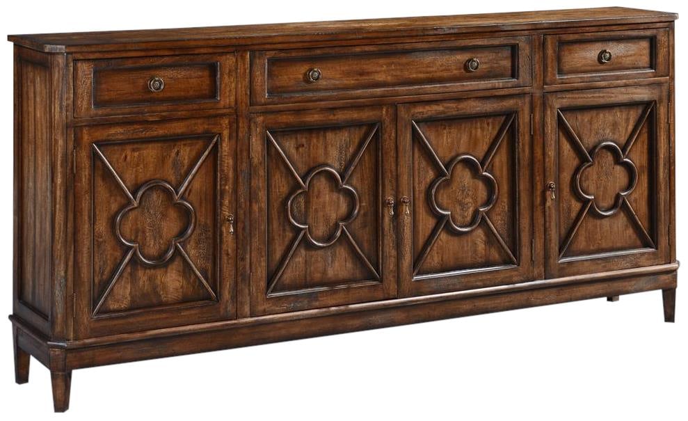 French Style Solid Wood Sideboard with Quatrefoil Design: French Style Solid Wood Sideboard with Quatrefoil Design This elegant sideboard combines functionality with classic French style. Crafted from solid wood, it features a rustic pecan finish and intrica