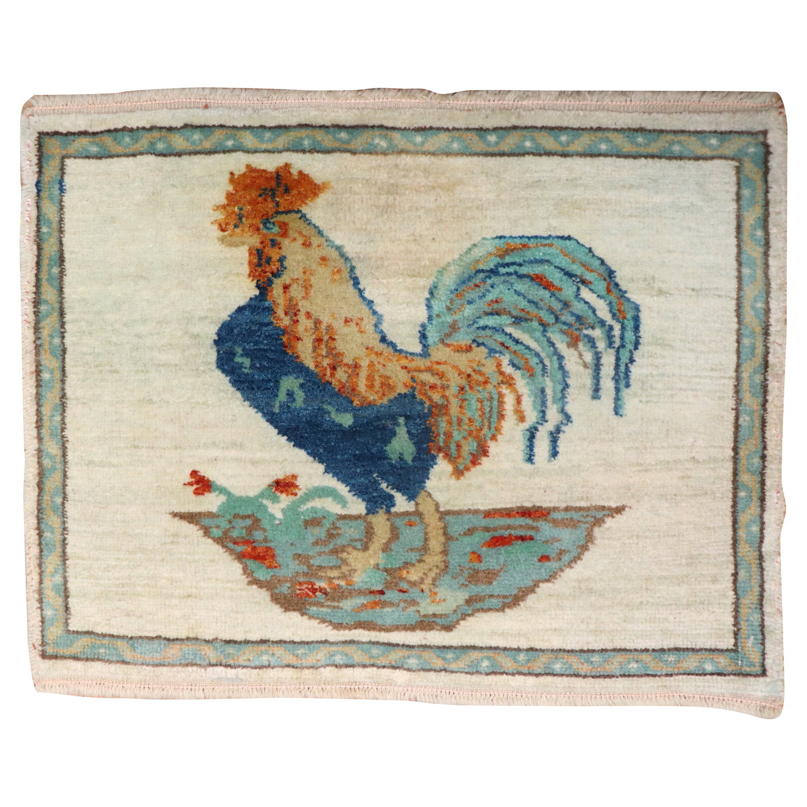 Vintage Turkish Hand-Knotted Rooster Rug Folk Art 18x23: Vintage Turkish Hand-Knotted Rooster Rug Folk Art 18x23 Explore this charming Vintage Turkish Rooster Rug, a delightful piece of folk art that adds a touch of character to any space. This hand-knotted