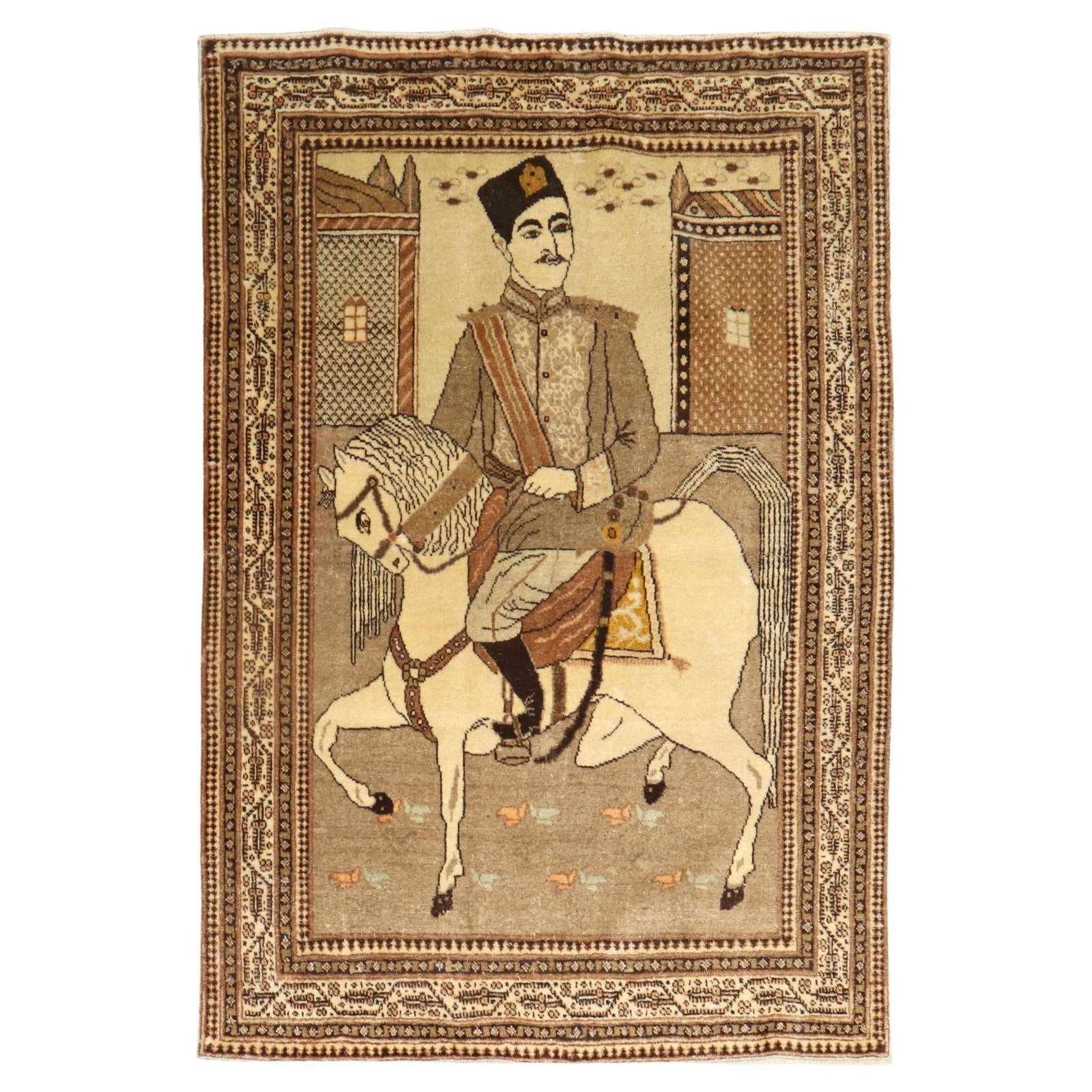Early 20th Century Persian Tabriz Wool Rug with Horseman Scene: Early 20th Century Persian Tabriz Wool Rug with Horseman Scene This exquisite early 20th Century Persian Tabriz pictorial rug features a captivating design of a Persian man riding a horse. Handcrafted