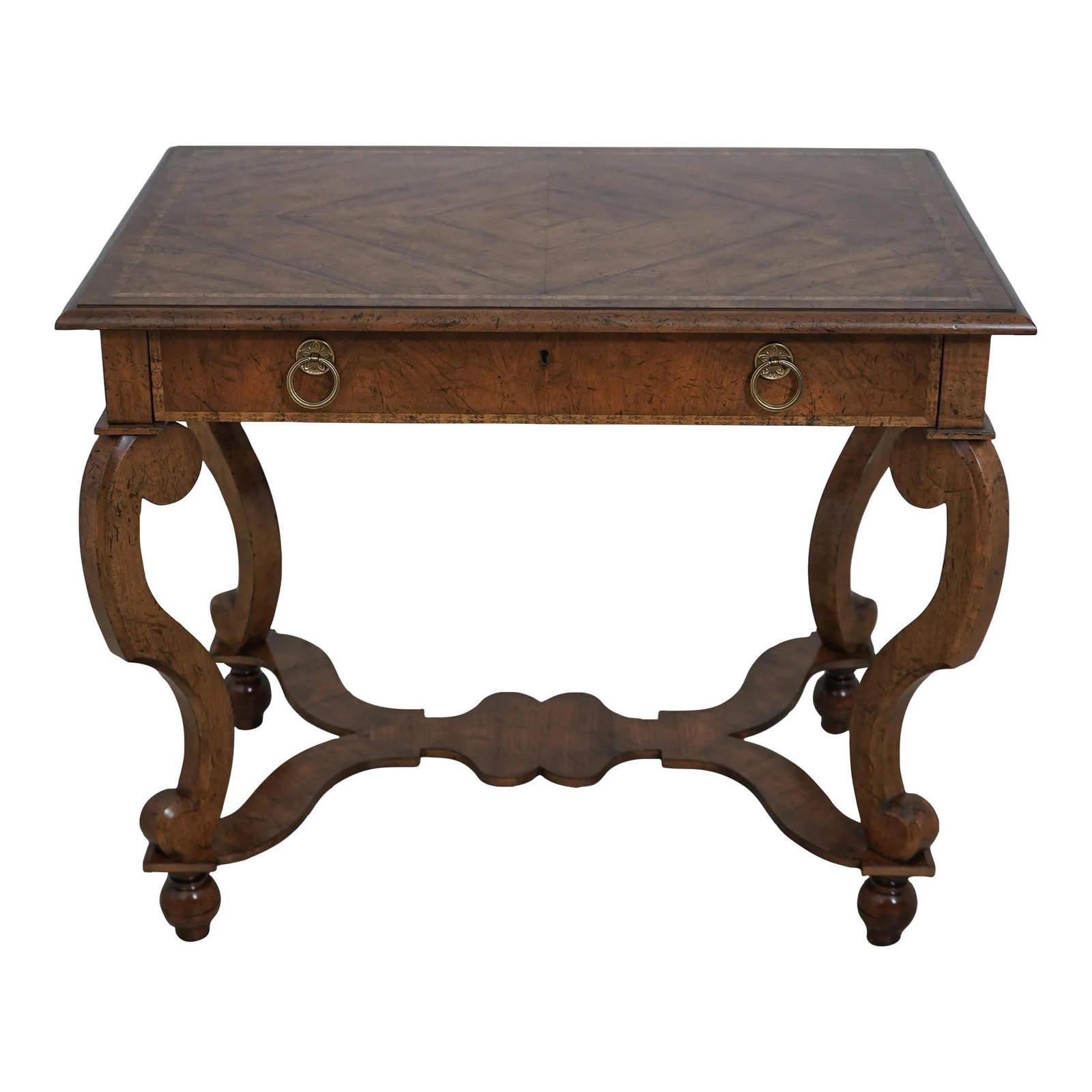 Baker Continental Walnut Dressing Table with Dovetailed Drawers: Baker Continental Walnut Dressing Table with Dovetailed Drawers This exquisite Baker Continental Style Walnut Dressing Table showcases a sophisticated design with a factory distressed finish. Crafted 