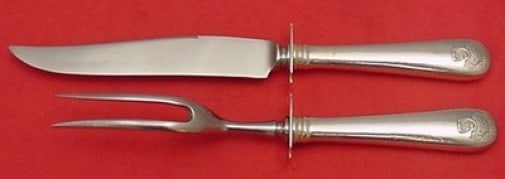 Durgin Gorham Sheaf of Wheat Sterling Silver Steak Carving Set 2pc: Durgin Gorham Sheaf of Wheat Sterling Silver Steak Carving Set 2pc This exquisite two-piece steak carving set features a stunning 'Sheaf of Wheat' pattern by renowned makers Durgin and Gorham. Crafted