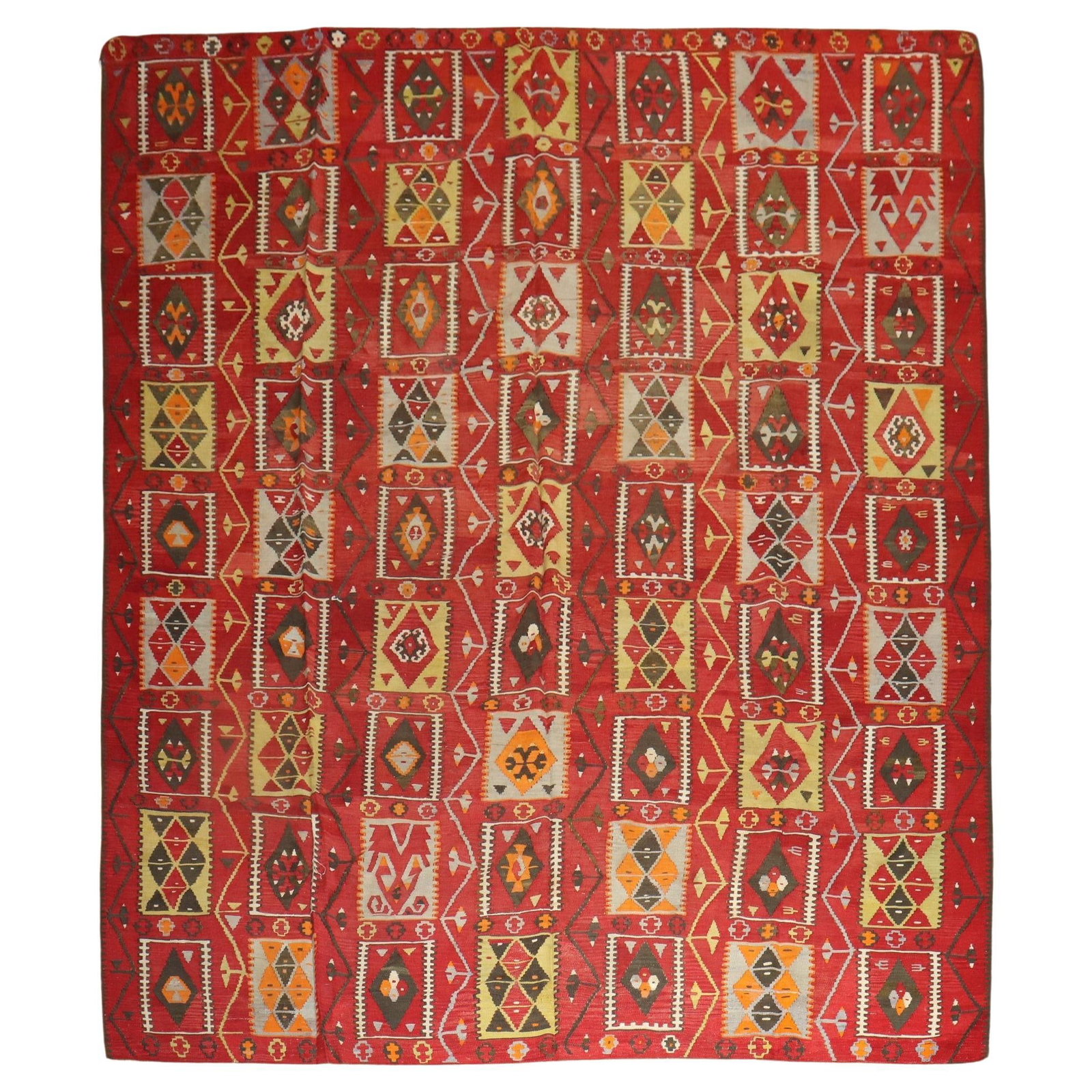 Vintage Cherry Red Turkish Kilim 8'10" x 10'11" Hand-Knotted Wool: Vintage Cherry Red Turkish Kilim 8'10" x 10'11" Hand-Knotted Wool Enhance your space with this exquisite Zabihi Collection Cherry Red Room Size Turkish Kilim. This vintage piece, crafted in Turkey aro