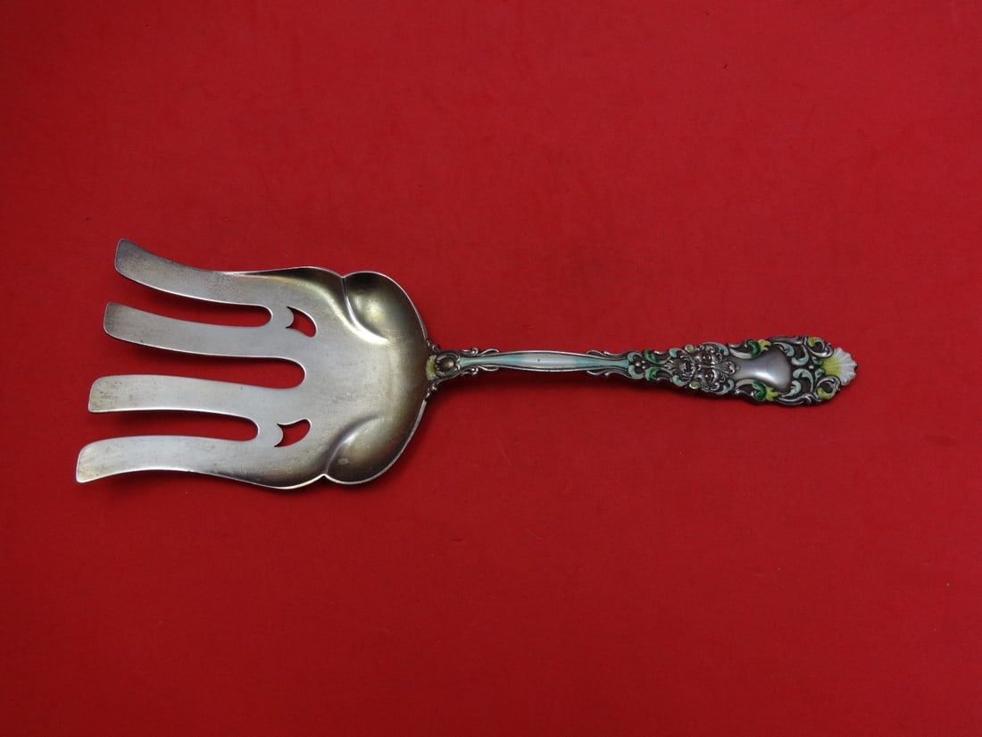 Dominick & Haff Renaissance Sterling Silver Asparagus Fork Goldwashed Enamel 9.25" (1 of 1)