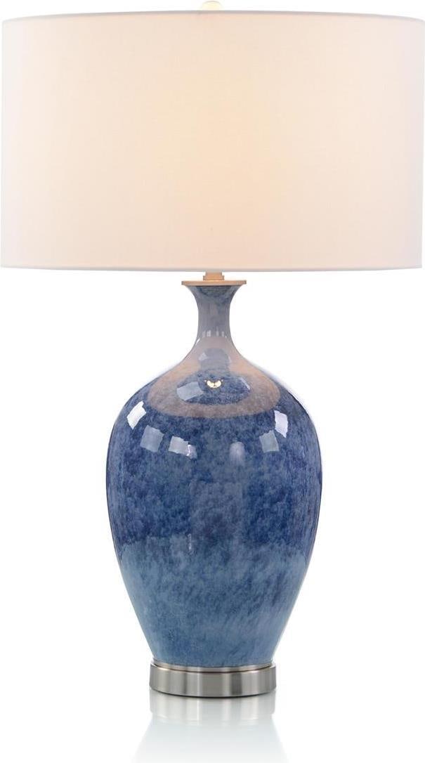 John-Richard Transitional Blue Porcelain Table Lamp with Nickel Base: John-Richard Transitional Blue Porcelain Table Lamp with Nickel Base Illuminate your space with this elegant blue porcelain table lamp featuring a brushed nickel base. Designed in a vintage style, thi