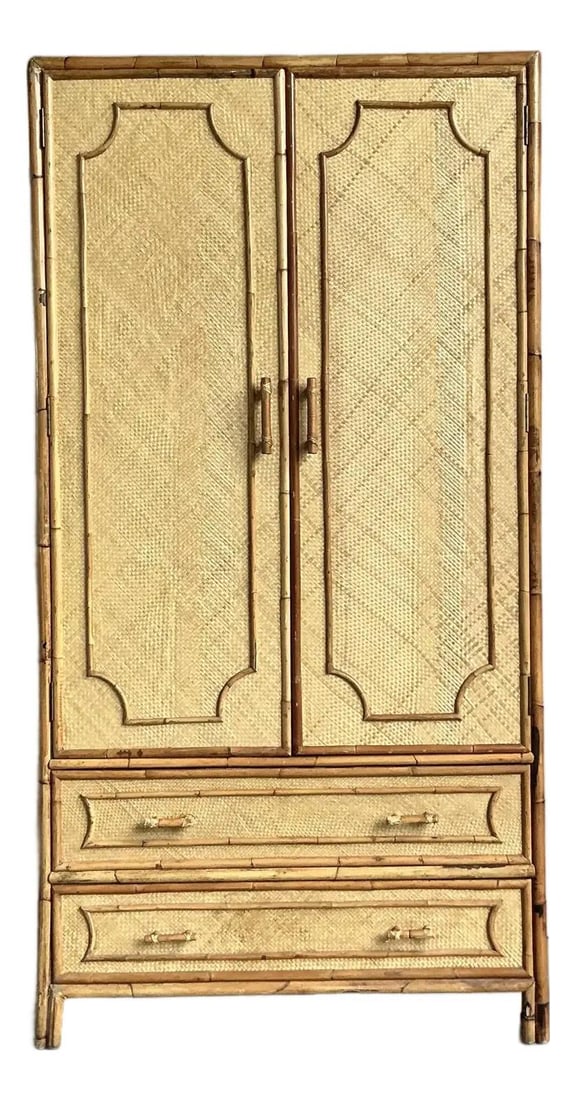 Hollywood Regency Rattan and Split Bamboo Armoire with Chinoiserie Accents (1 of 7)