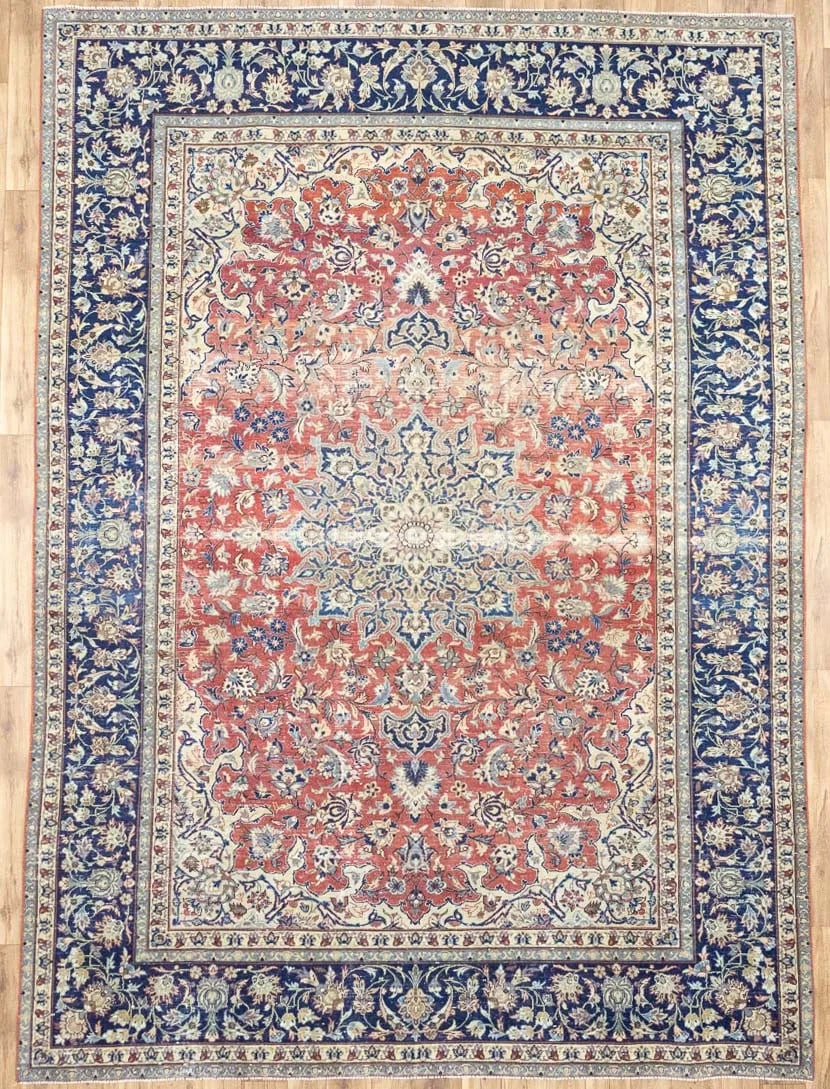 Vintage Floral Hand Knotted Wool Area Rug 9'3 x 12'9: Vintage Floral Hand Knotted Wool Area Rug 9'3 x 12'9 This semi-antique hand-knotted Oriental area rug features a traditional floral pattern in a palette of muted colors, including red, purple-navy, cr