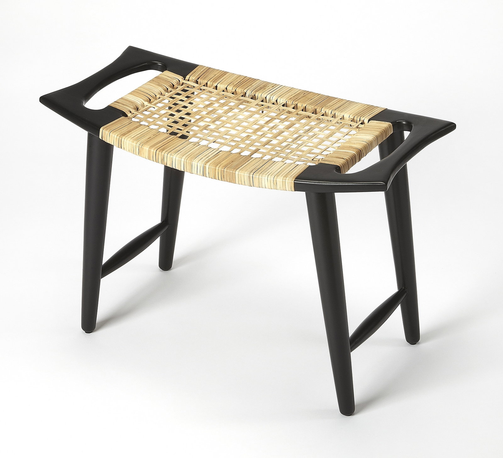 Tristan Coastal Style Stool Black Mango Wood Woven Cane: Tristan Coastal Style Stool Black Mango Wood Woven Cane The Tristan Stool combines the natural beauty of black mango wood with intricately woven cane, creating a stylish accent piece for your home. Th