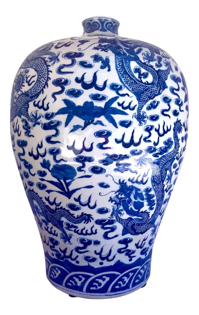1940s Large Chinese Blue White Dragon Ceramic Urn (1 of 10)