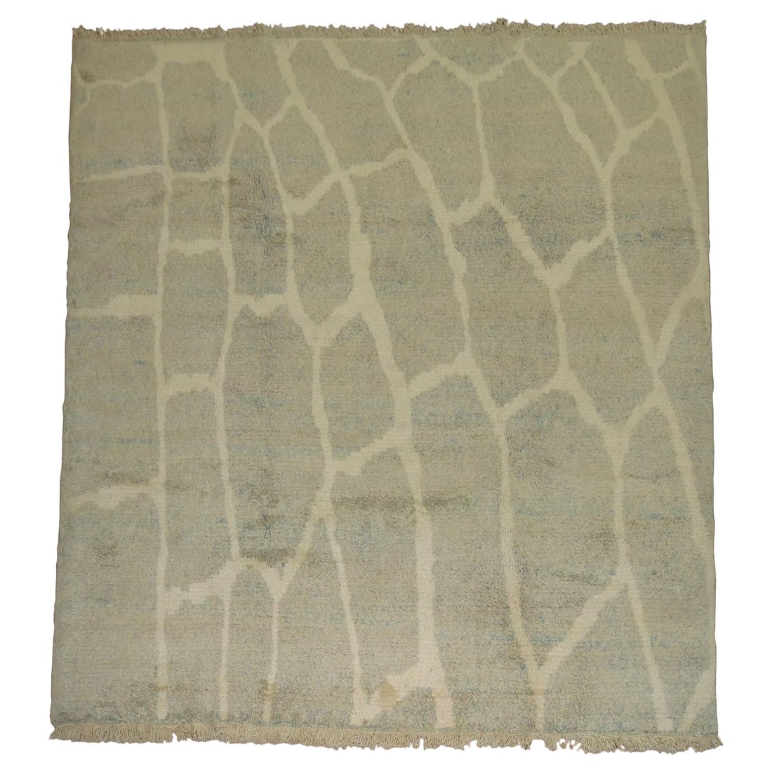 Hand-Woven Turkish Wool Tibetan Style Gray Ivory Square Rug 8 x 9: Hand-Woven Turkish Wool Tibetan Style Gray Ivory Square Rug 8 x 9 This is a hand-woven Turkish rug from 2008, crafted in a modernist style inspired by Tibetan motifs. Made from high-quality wool, the 