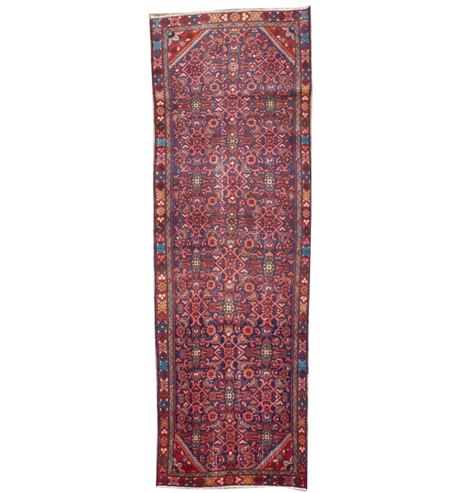 Hand Knotted Wool Geometric Runner Rug 3'6x10 Ft Semi Antique: Hand Knotted Wool Geometric Runner Rug 3'6x10 Ft Semi Antique This semi-antique hand-knotted Oriental runner rug features a striking geometric pattern and a rich palette of purple, navy, red, gold, ru