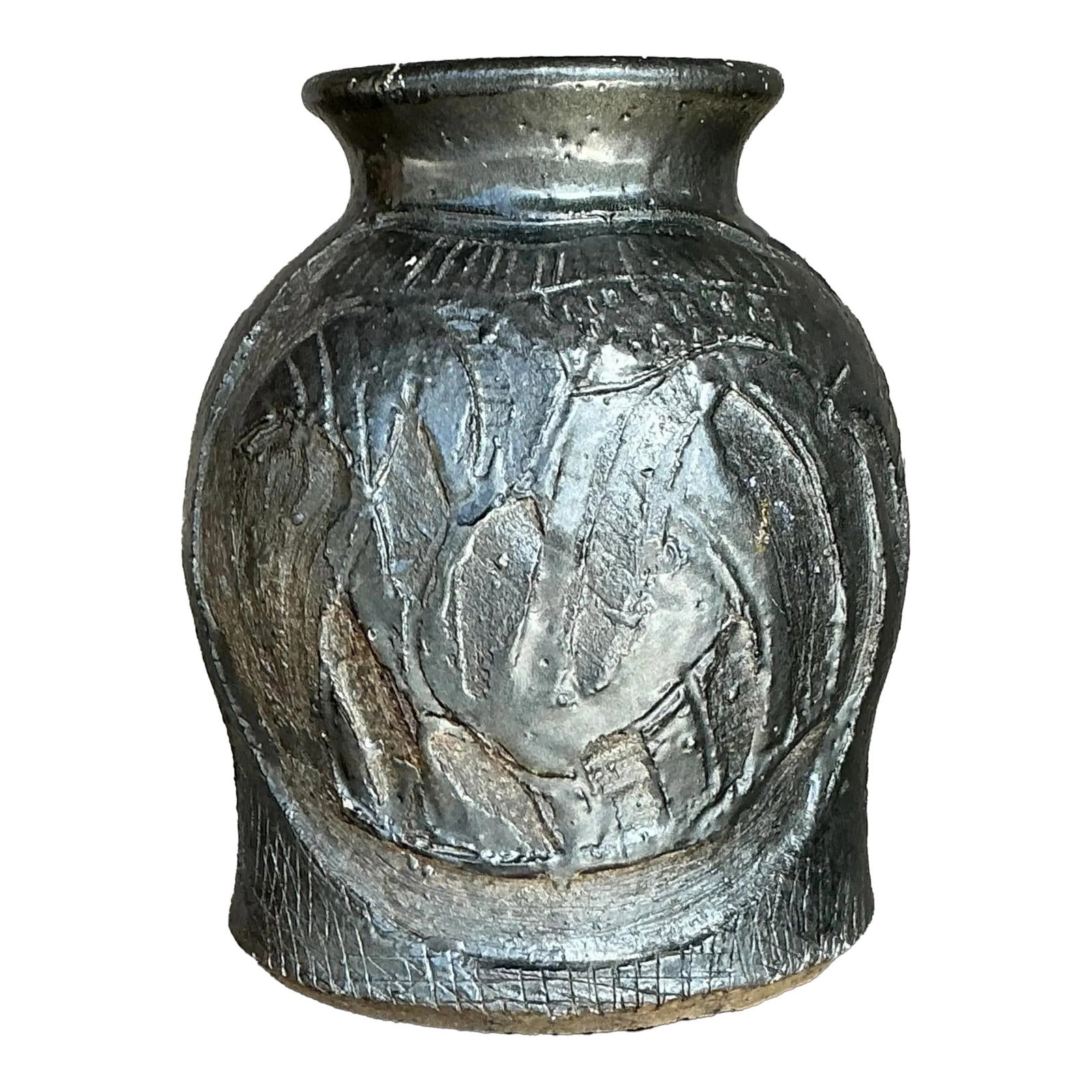 Handcrafted Vintage Boho Studio Pottery Vase Charcoal Glaze 7.75" Tall: Handcrafted Vintage Boho Studio Pottery Vase Charcoal Glaze 7.75" Tall This vintage studio pottery vase features an elegant handcrafted design with a striking, bold textural finish. The deep charcoal 