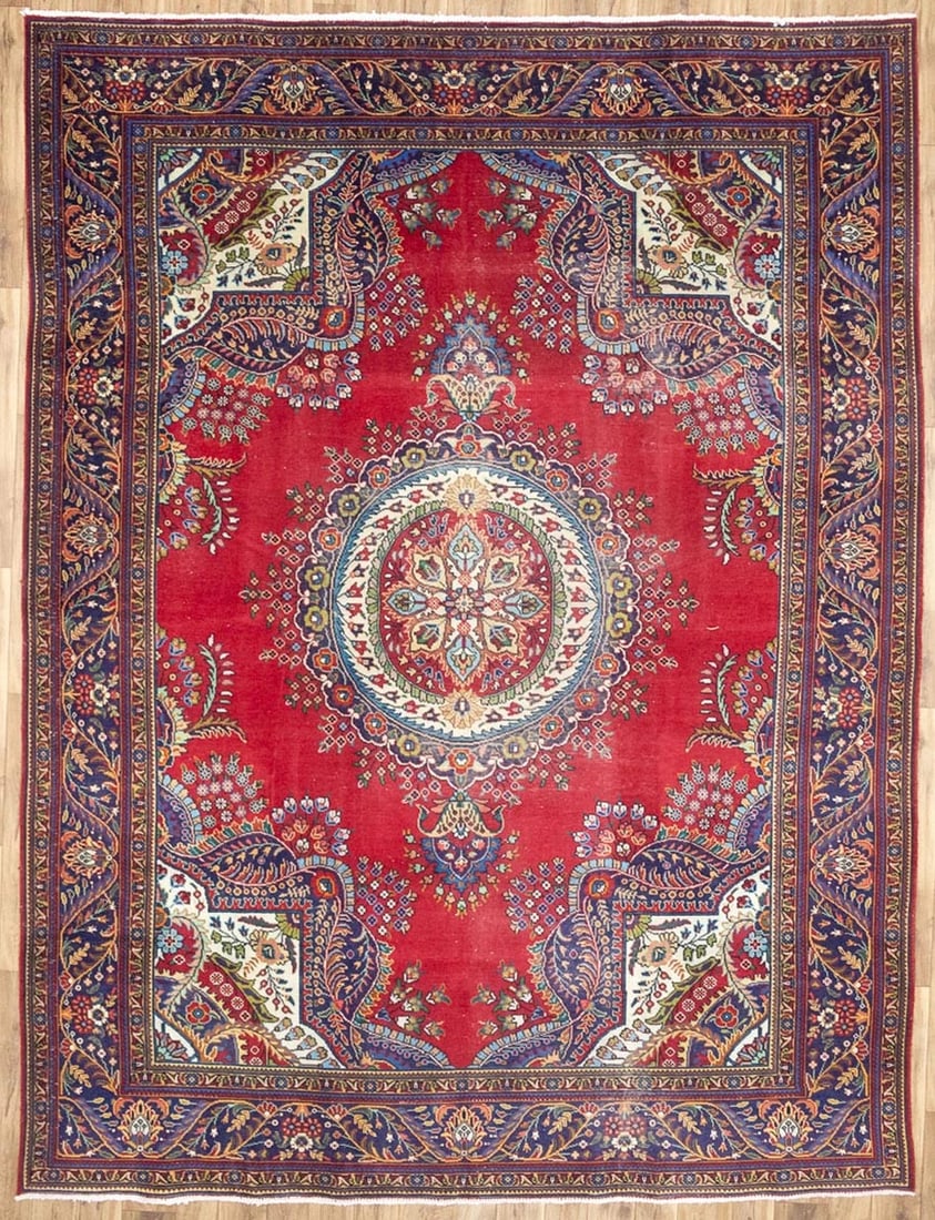 Hand Knotted Floral Wool Area Rug 9'7 x 12'7 Red Plum Vintage: Hand Knotted Floral Wool Area Rug 9'7 x 12'7 Red Plum Vintage This semi-antique handmade Oriental rug features a vibrant floral pattern in shades of red, plum, cream, green, blue, orange, teal, and pi