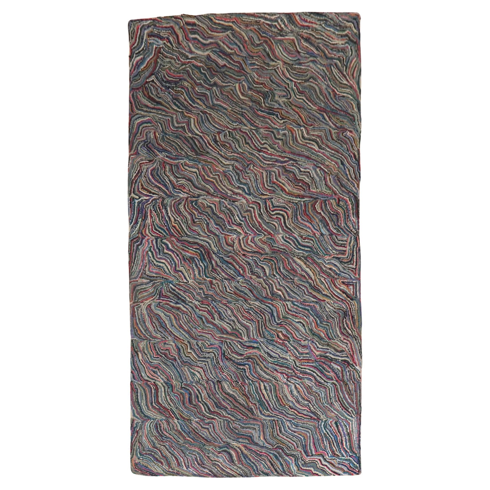 Unique Handmade Mid-Century Modern American Hooked Wool Rug: Unique Handmade Mid-Century Modern American Hooked Wool Rug This stunning American Hooked Rug showcases a unique handmade design, embodying the essence of Mid-Century Modern style. Crafted from high-q