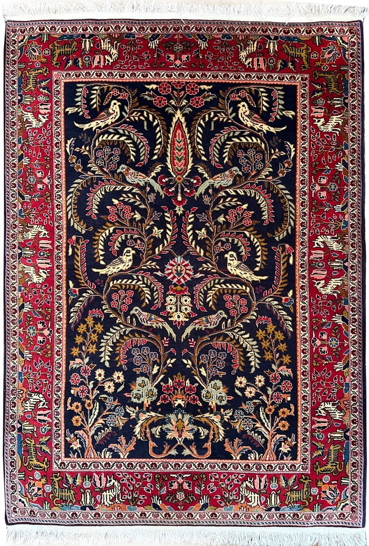 Antique Kashan Tree of Life Wool Area Rug 117cm x 170cm: Antique Kashan Tree of Life Wool Area Rug 117cm x 170cm This antique Persian Kashan rug features a striking Tree of Life design, expertly hand-knotted from 100% fine wool with a cotton foundation. Sho