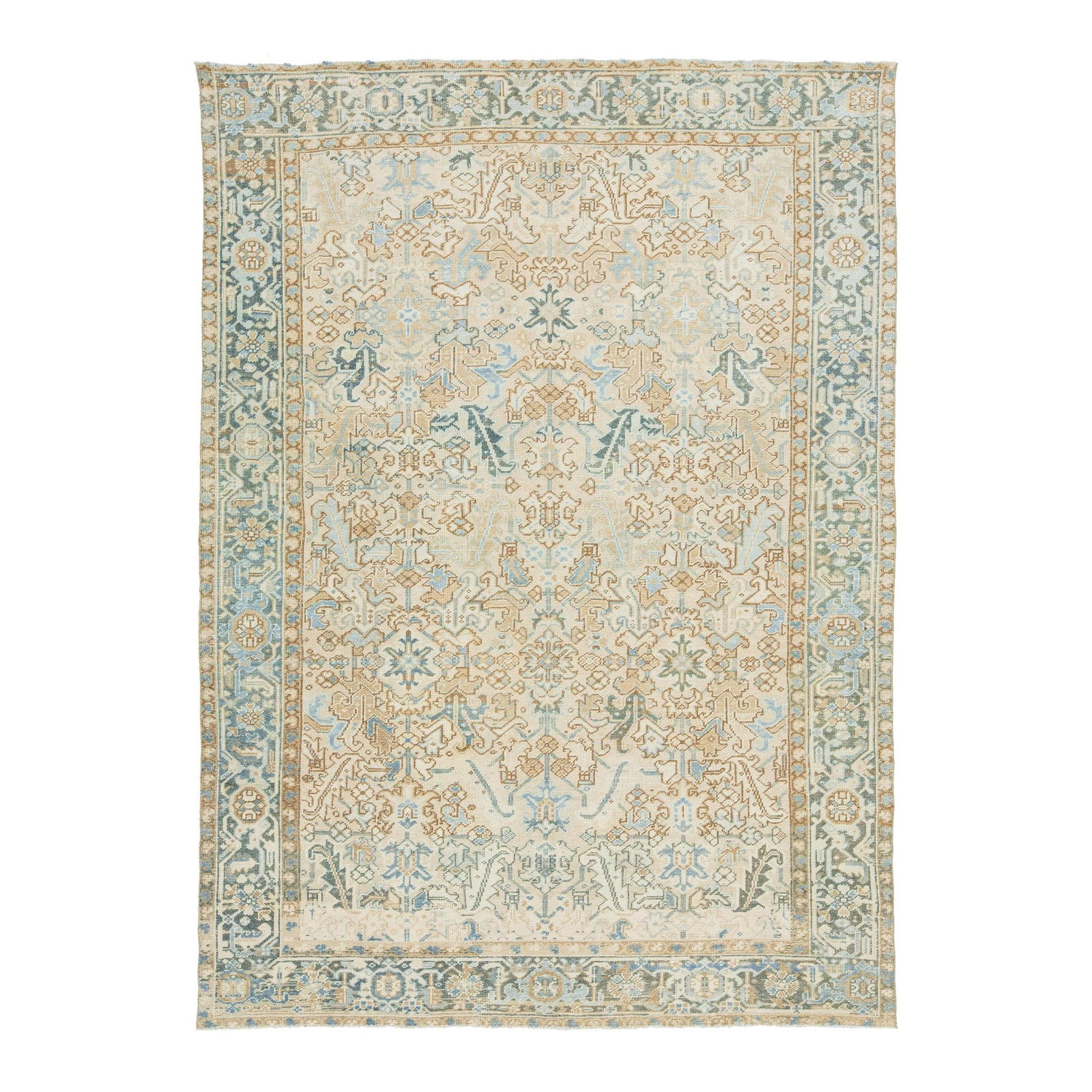 Antique Persian Heriz Wool Rug 7'2 x 9'11 Beige Blue Pattern: Antique Persian Heriz Wool Rug 7'2 x 9'11 Beige Blue Pattern Discover the beauty of this exquisite antique Persian Heriz wool rug, showcasing a captivating blue motif against a luxurious deep beige ba