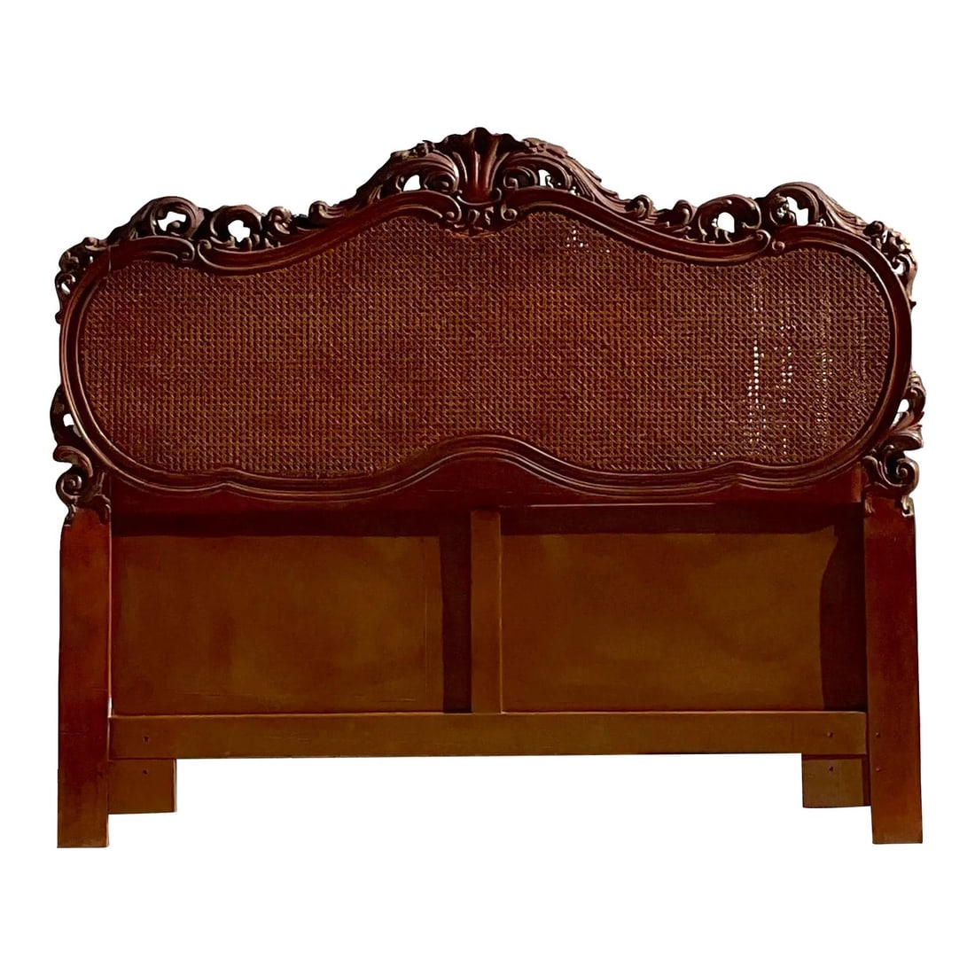 Vintage French Style Cane Headboard Queen with Intricate Wood Carvings: Vintage French Style Cane Headboard Queen with Intricate Wood Carvings This stunning late 20th century vintage headboard showcases exquisite French style craftsmanship, featuring intricate wood carvin