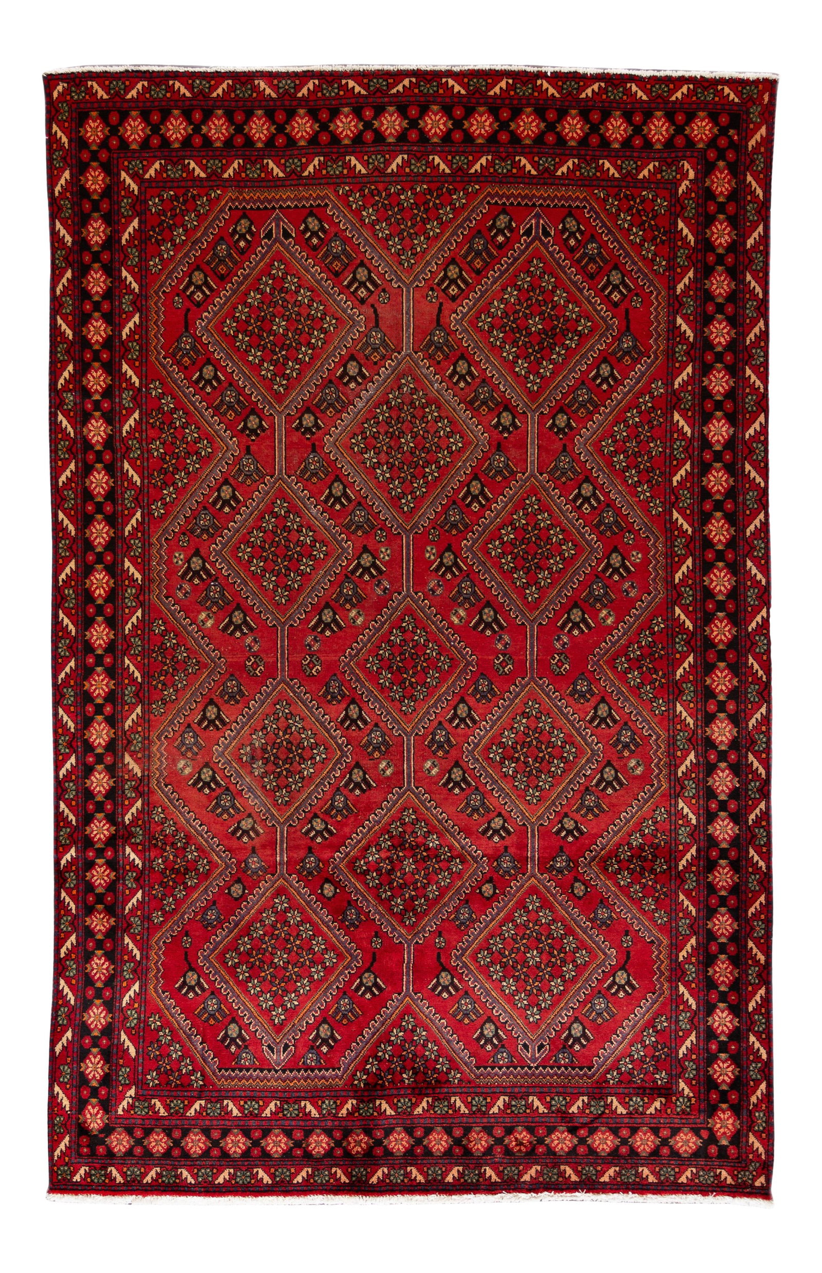 Vintage Persian Heriz Red Wool Rug 6'4 x 10'1 Hand-Knotted: Vintage Persian Heriz Red Wool Rug 6'4 x 10'1 Hand-Knotted This exquisite vintage Persian Heriz rug showcases a beautiful hand-knotted wool construction. The striking red field is adorned with an allo