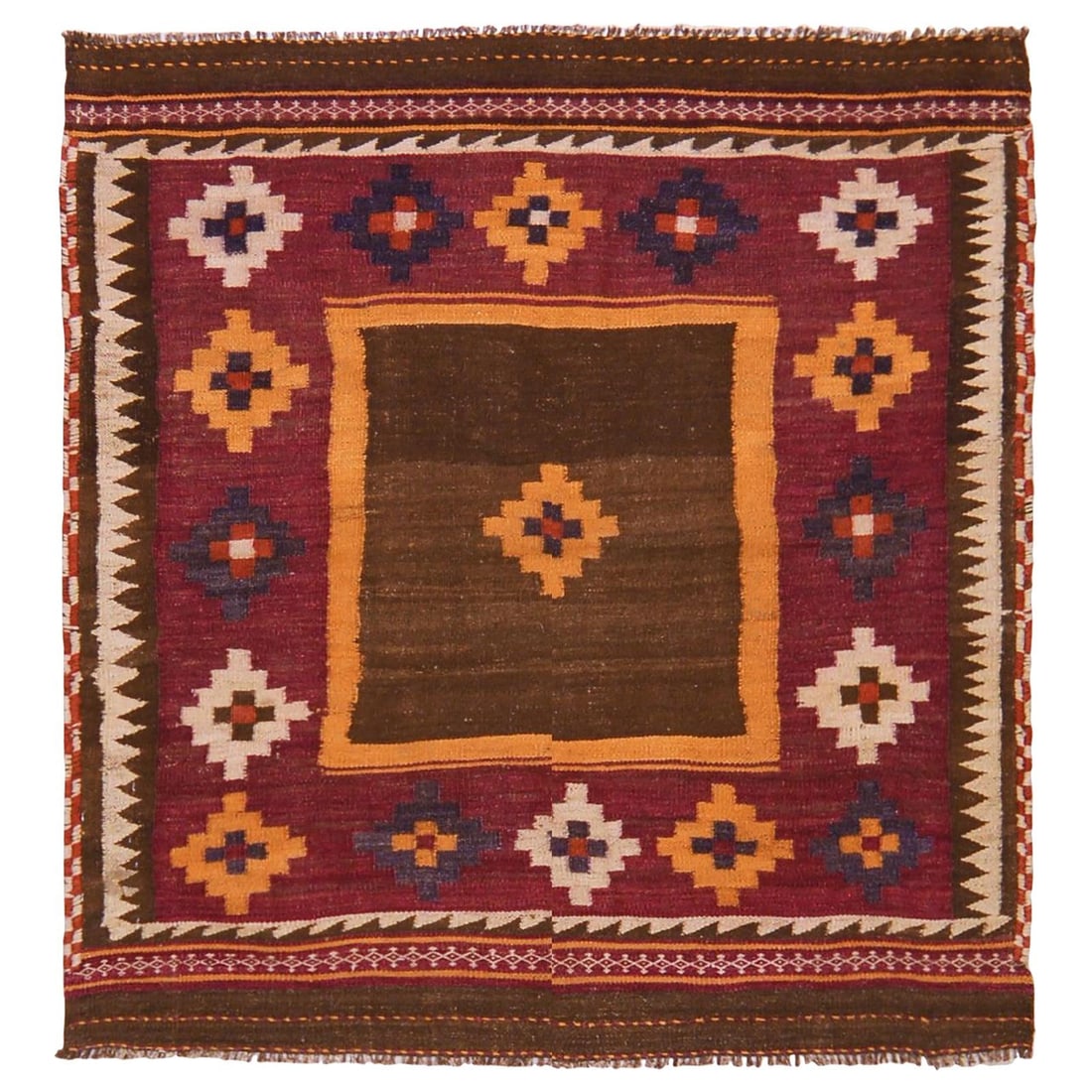 Afghan Wool Kilim Rug 4'1x4'3 Red Hand Knotted: Afghan Wool Kilim Rug 4'1x4'3 Red Hand Knotted This vintage Afghan kilim is professionally hand-knotted from wool, showcasing traditional flatweaving techniques. The rug features a rich red color and 