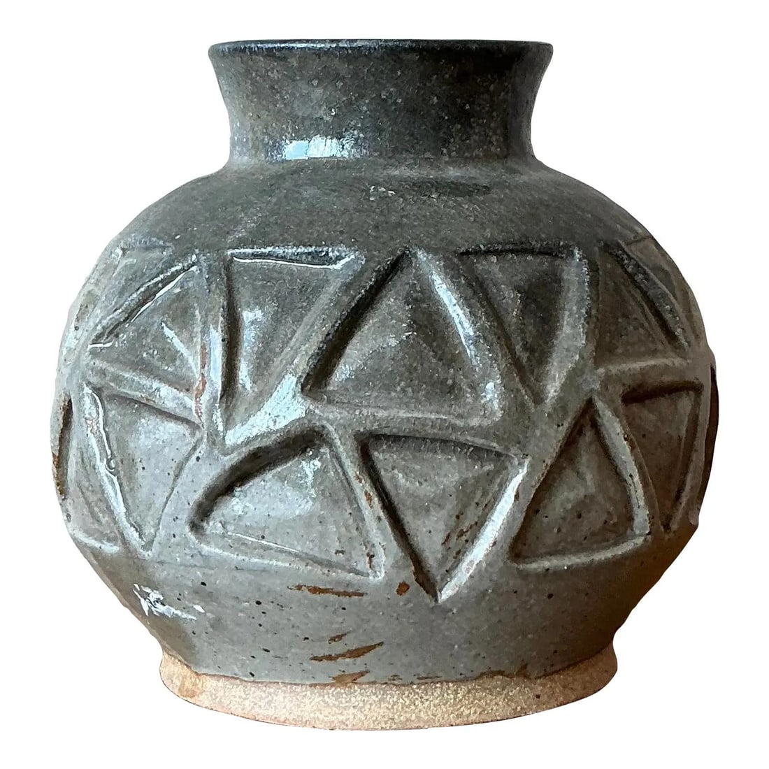 Handcrafted Studio Pottery Vase With Geometric Carved Band: Handcrafted Studio Pottery Vase With Geometric Carved Band This vintage studio pottery vase features a substantial globular silhouette and a rich, tactile surface. The upper half is finished with a gu