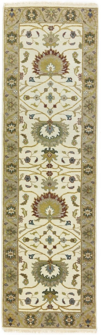Hand-Knotted Wool Runner Rug with Floral Pattern 2'5 x 8'0: Hand-Knotted Wool Runner Rug with Floral Pattern 2'5 x 8'0 This hand-knotted Osh Chobi Peshawar Oriental runner rug features a floral pattern in cream, tan, blue-gray, gold, olive, brown, and rusty re