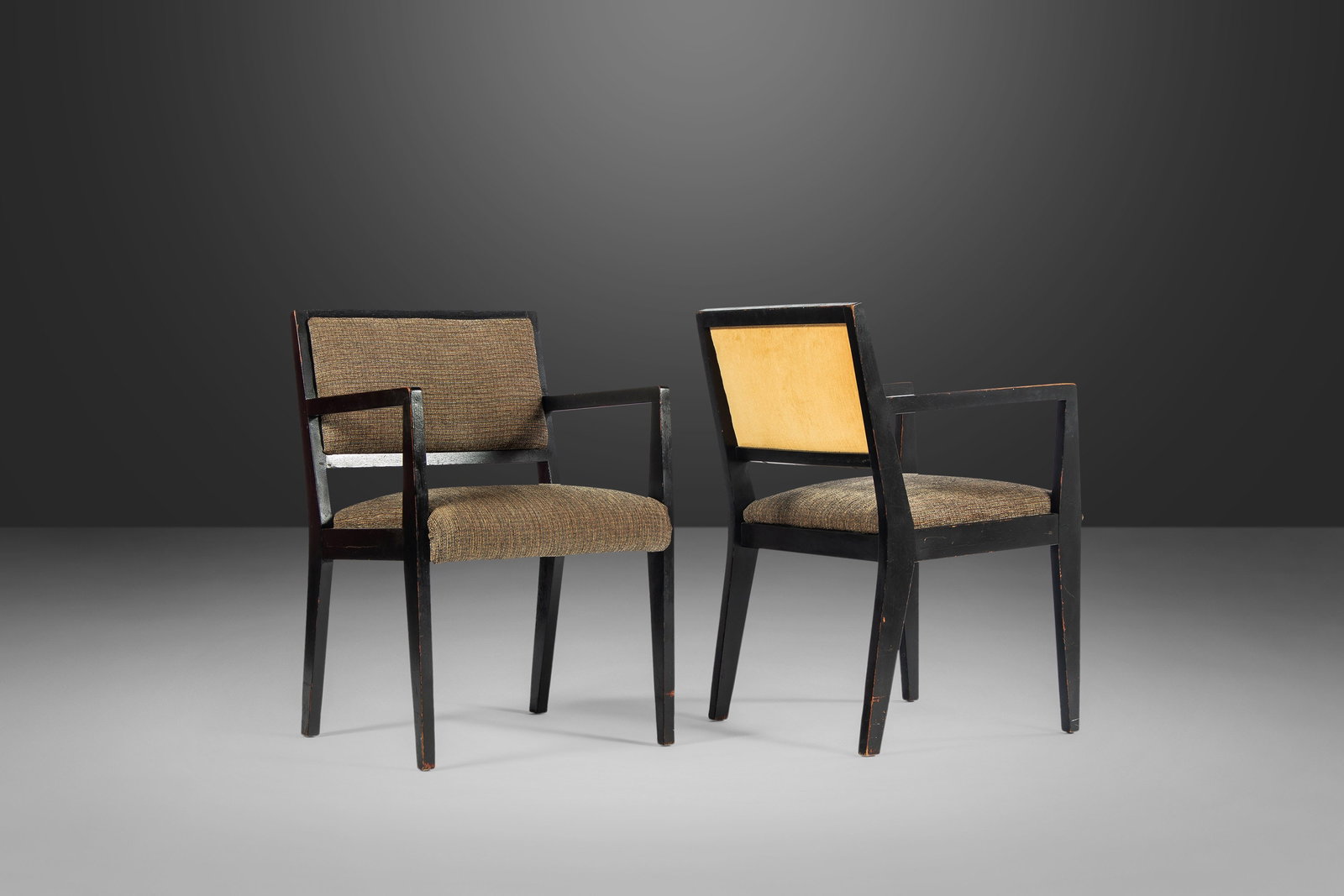 Mid-Century Modern Set of 2 Armchairs After Edward Wormley for Dunbar: Mid-Century Modern Set of 2 Armchairs After Edward Wormley for Dunbar This elegant set of two armchairs showcases a design inspired by Edward Wormley for Dunbar, featuring striking angular lines that 