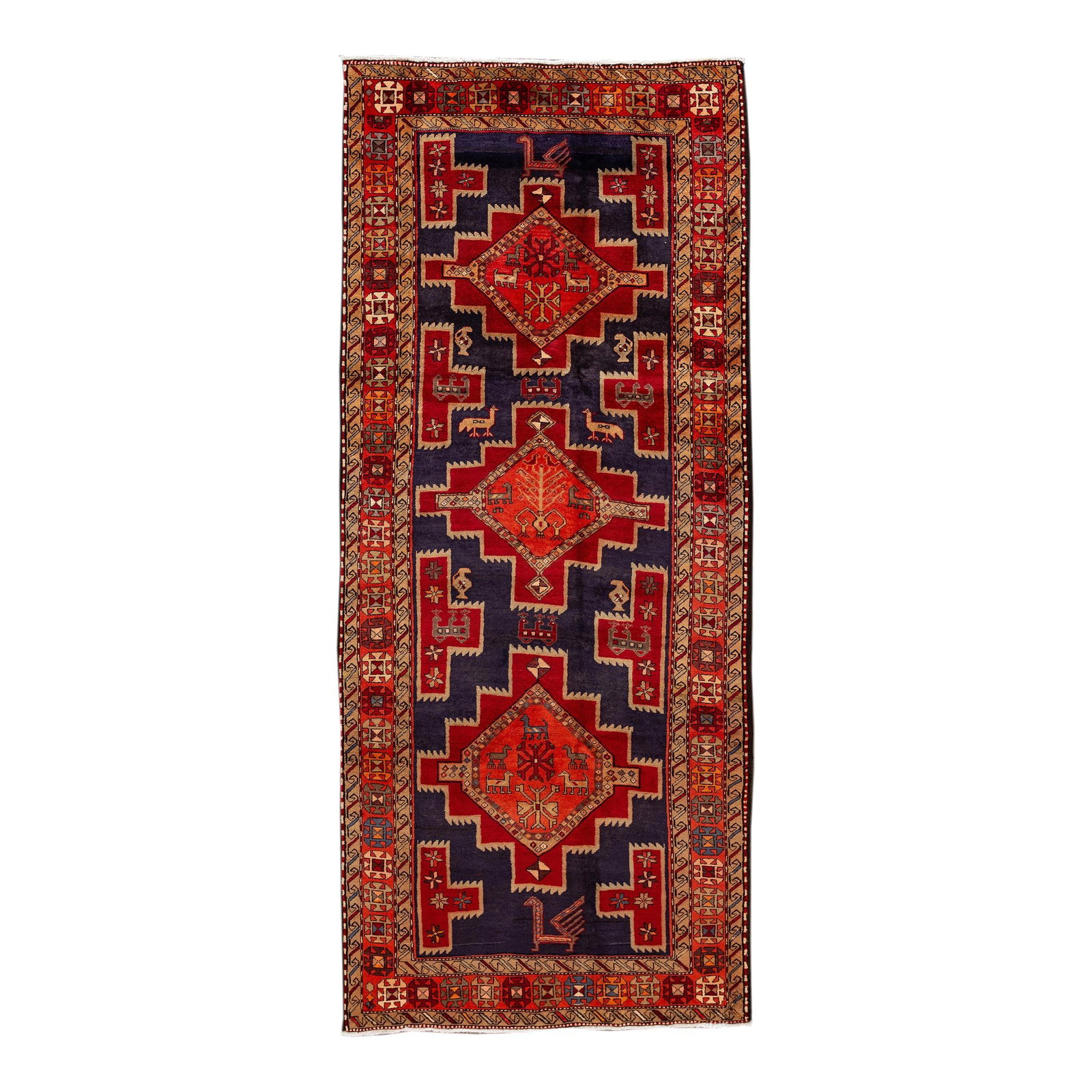 Vintage North West Persian Hand-Knotted Red Wool Rug 4'7 x 10'8: Vintage North West Persian Hand-Knotted Red Wool Rug 4'7 x 10'8 Discover the charm of this Vintage North West Persian hand-knotted wool rug, featuring a striking red field adorned with a geometric med