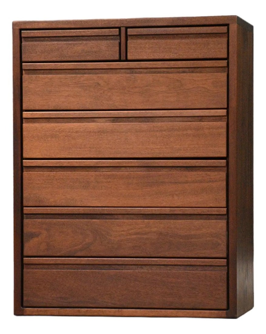 Tall Mahogany Mid Century Modern Chest by Montague Furnishings Circa 1960s: Tall Mahogany Mid Century Modern Chest by Montague Furnishings Circa 1960s This mid-century modern tall dresser by Montague Furnishings is crafted from solid mahogany and features a classic brown fini