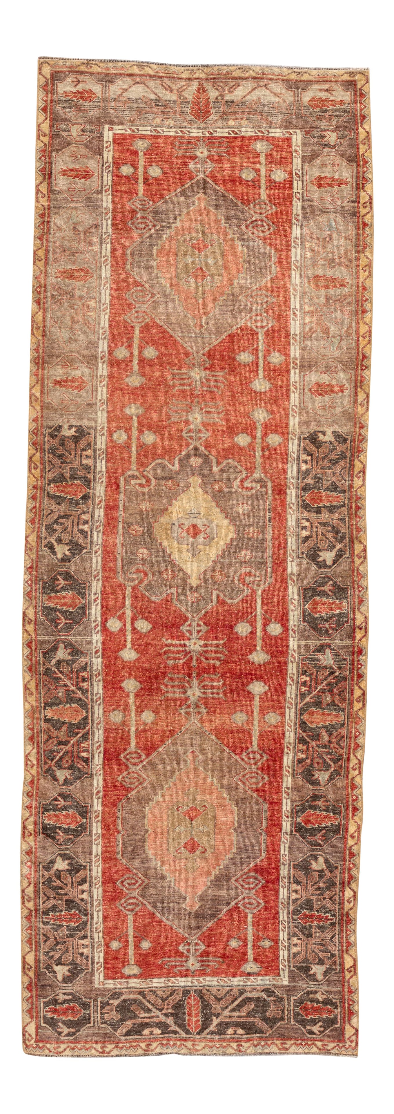 Antique Turkish Anatolian Wool Runner Rug 3'6 x 10'1 Red Medallion Design: Antique Turkish Anatolian Wool Runner Rug 3'6 x 10'1 Red Medallion Design This exquisite antique Turkish Anatolian runner rug showcases a stunning hand-knotted wool construction. Featuring a vibrant r