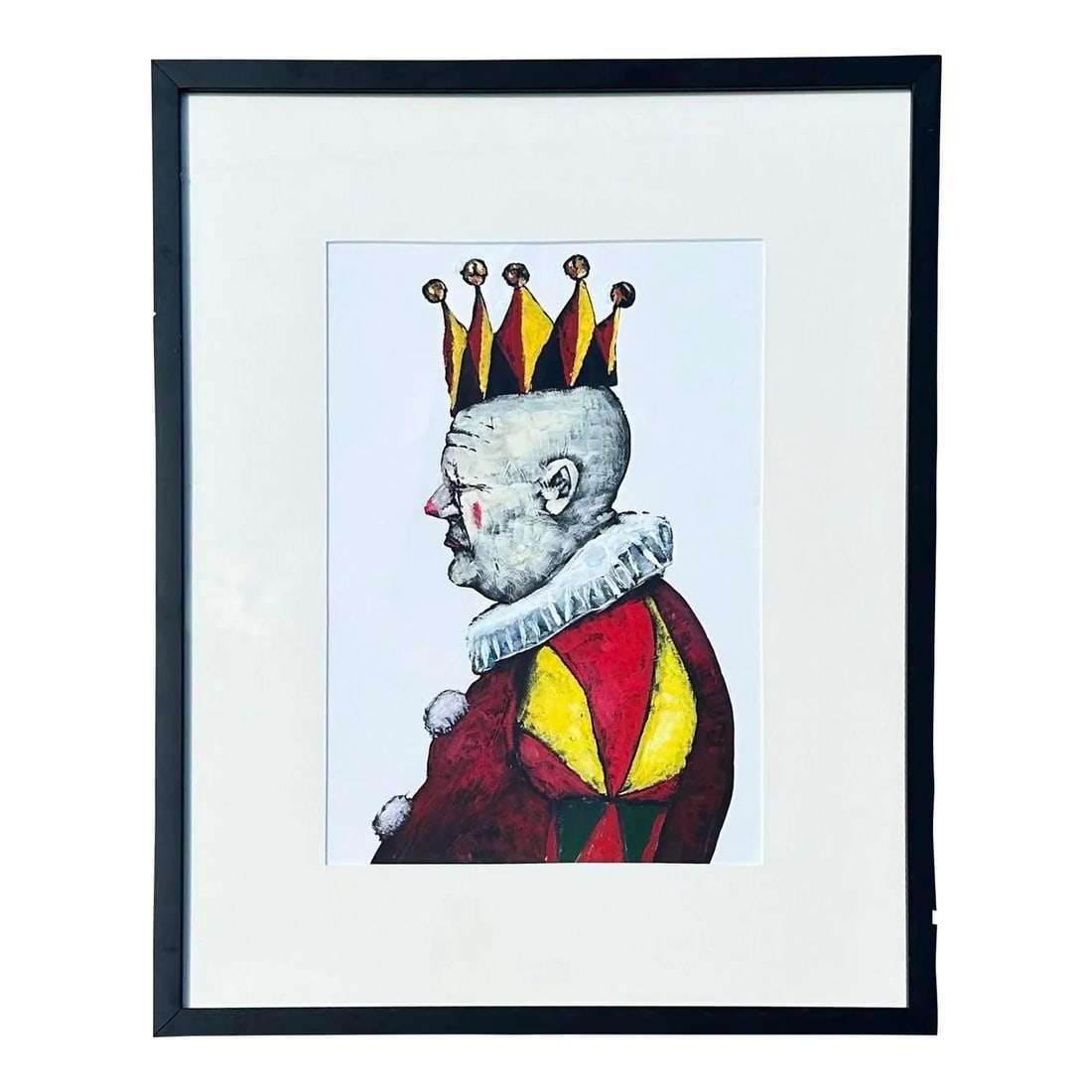 Framed Vintage Oil Painting Featuring Jester in Profile: Framed Vintage Oil Painting Featuring Jester in Profile This vintage original oil portrait depicts a jester in profile, rendered with expressive brushwork and a bold palette of red, yellow, and black.