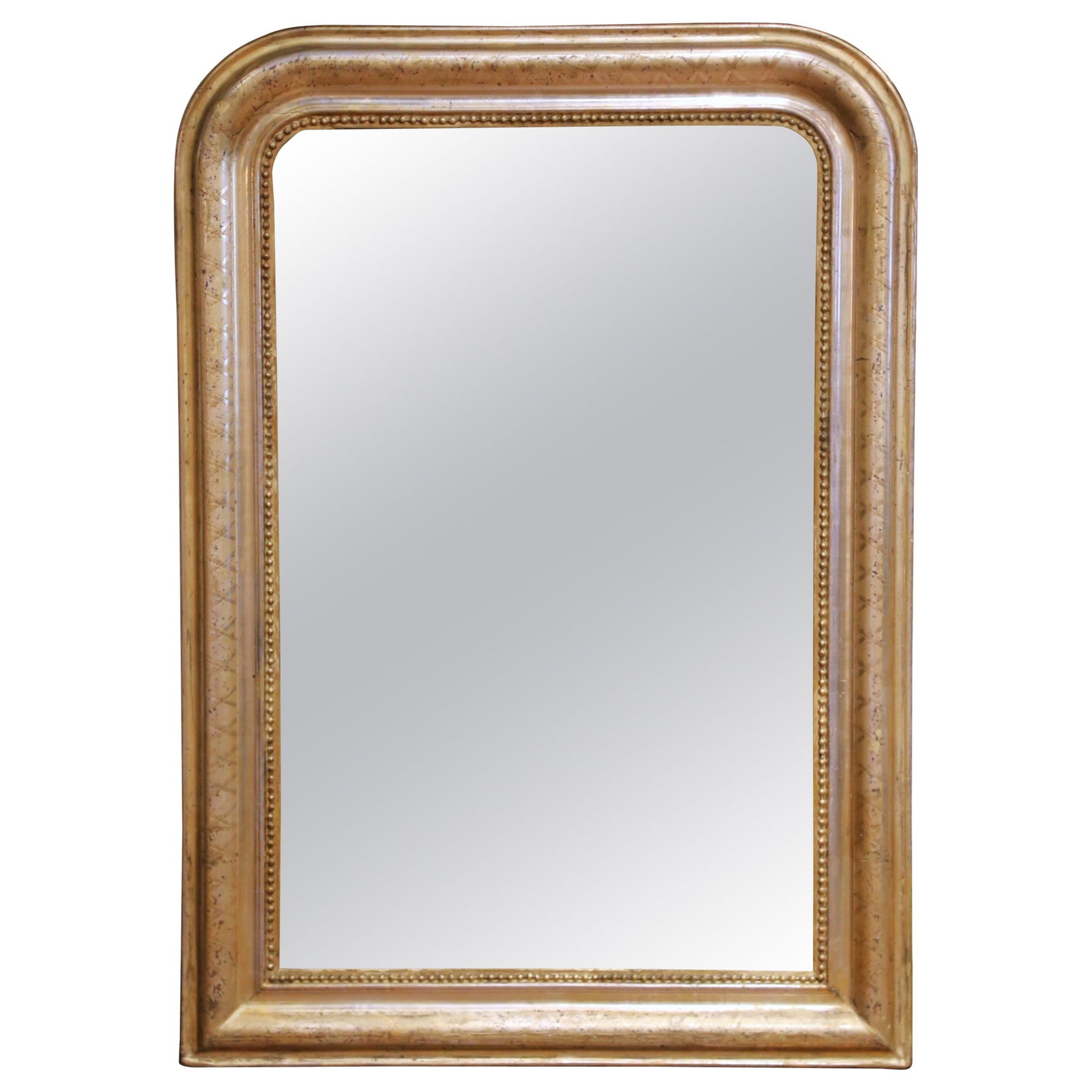 French Louis Philippe Giltwood Mirror with Engraved Details circa 1870: French Louis Philippe Giltwood Mirror with Engraved Details circa 1870 This mid-19th century French Louis Philippe wall mirror features a classic rounded rectangular shape with softly curved upper cor