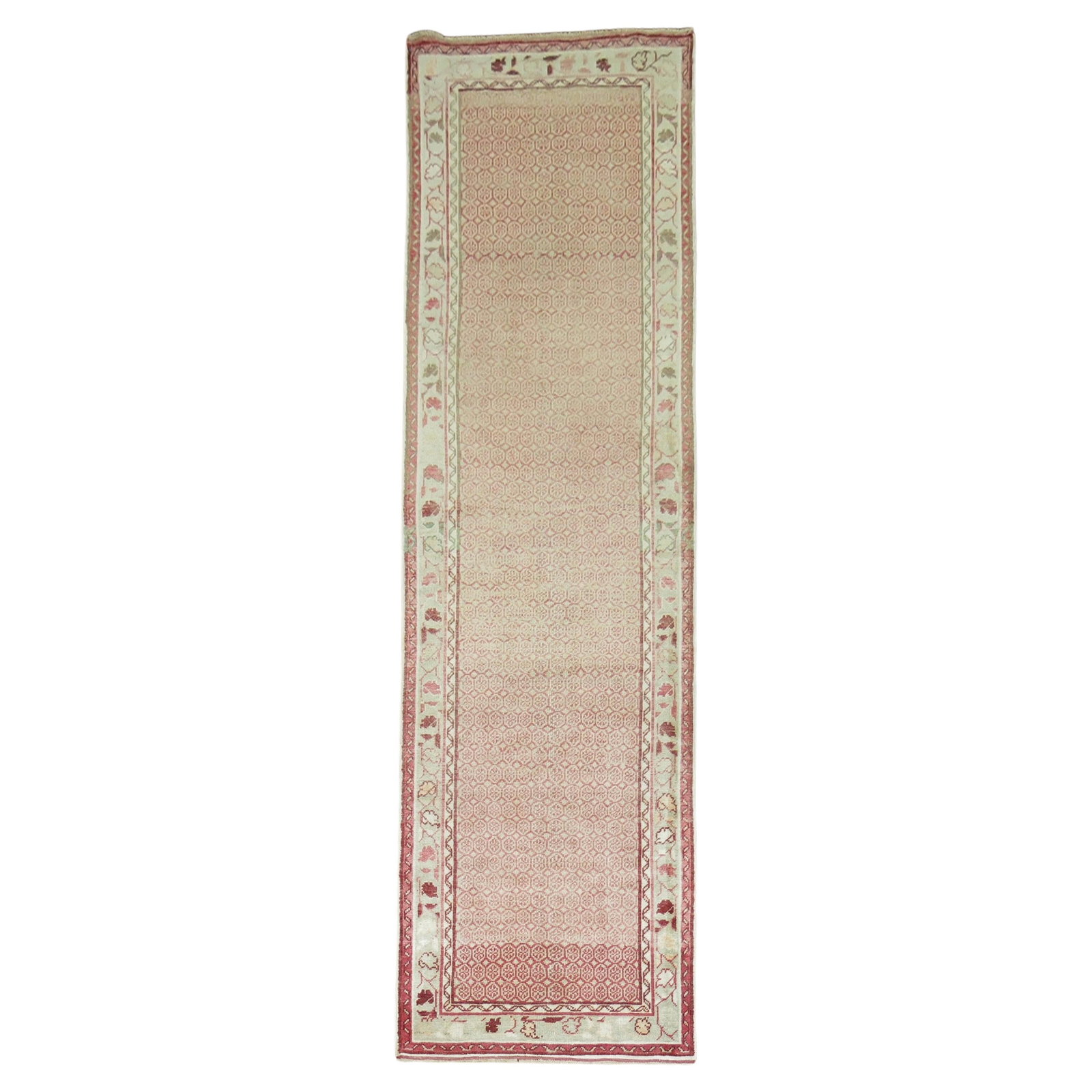 Vintage Pink Turkish Anatolian Runner 33 x 112 Hand-Woven Wool: Vintage Pink Turkish Anatolian Runner 33 x 112 Hand-Woven Wool Discover the exquisite charm of this vintage Turkish Anatolian runner from the Zabihi Collection, showcasing a beautiful pink palette and