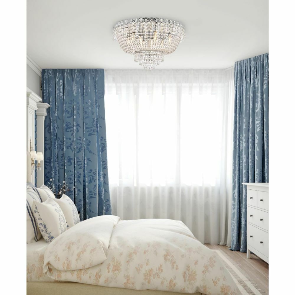 Century 9 Light Chrome Flush Mount Chandelier 20 Inch Royal Cut Crystal: Century 9 Light Chrome Flush Mount Chandelier 20 Inch Royal Cut Crystal This modern flush mount chandelier features a polished chrome finish and royal cut clear crystal accents, creating a sophisticat
