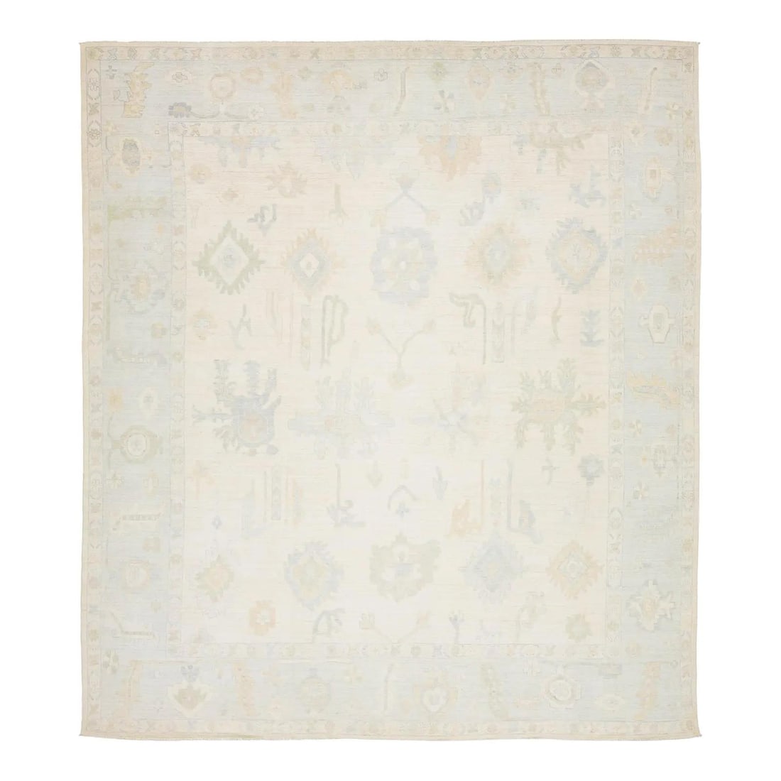 Hand-Spun Wool Oushak Style Area Rug 13'2 x 14'10: Hand-Spun Wool Oushak Style Area Rug 13'2 x 14'10 Elevate your interior with this Modern Oushak Style area rug, expertly crafted from premium hand-spun wool. The rug showcases large-scale, stylized bo