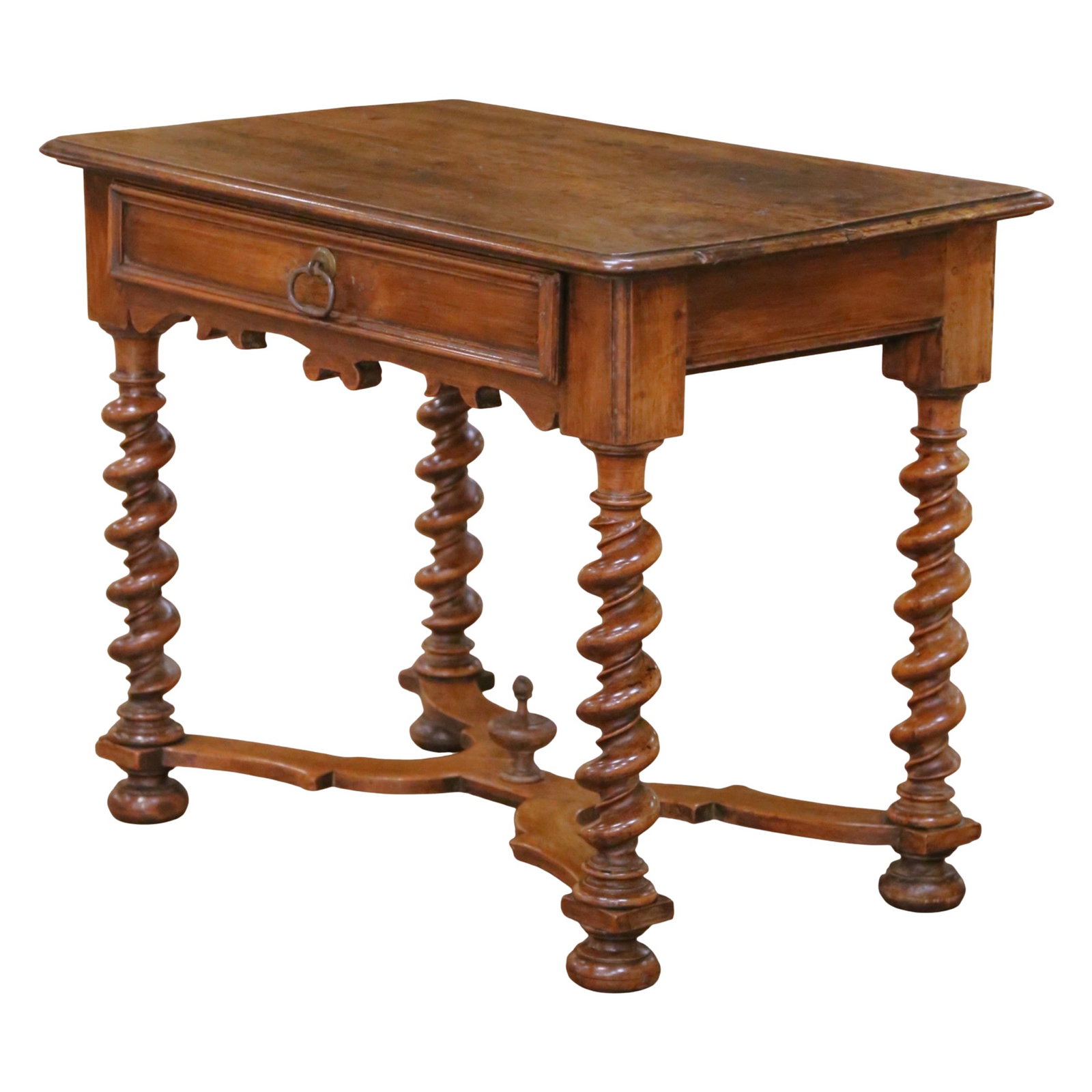 French Walnut Writing Table with Barley Twist Legs and Drawer circa 1780: French Walnut Writing Table with Barley Twist Legs and Drawer circa 1780 This late 18th-century French Louis XIII table desk is crafted from solid walnut and features hand-carved details characteristi